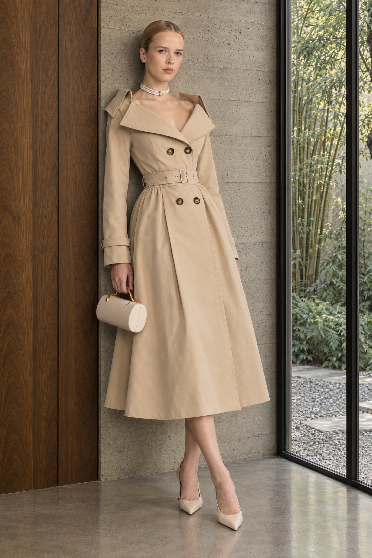 Schulterfreies Trenchkleid mit Kragen und Gürtel - Beige
