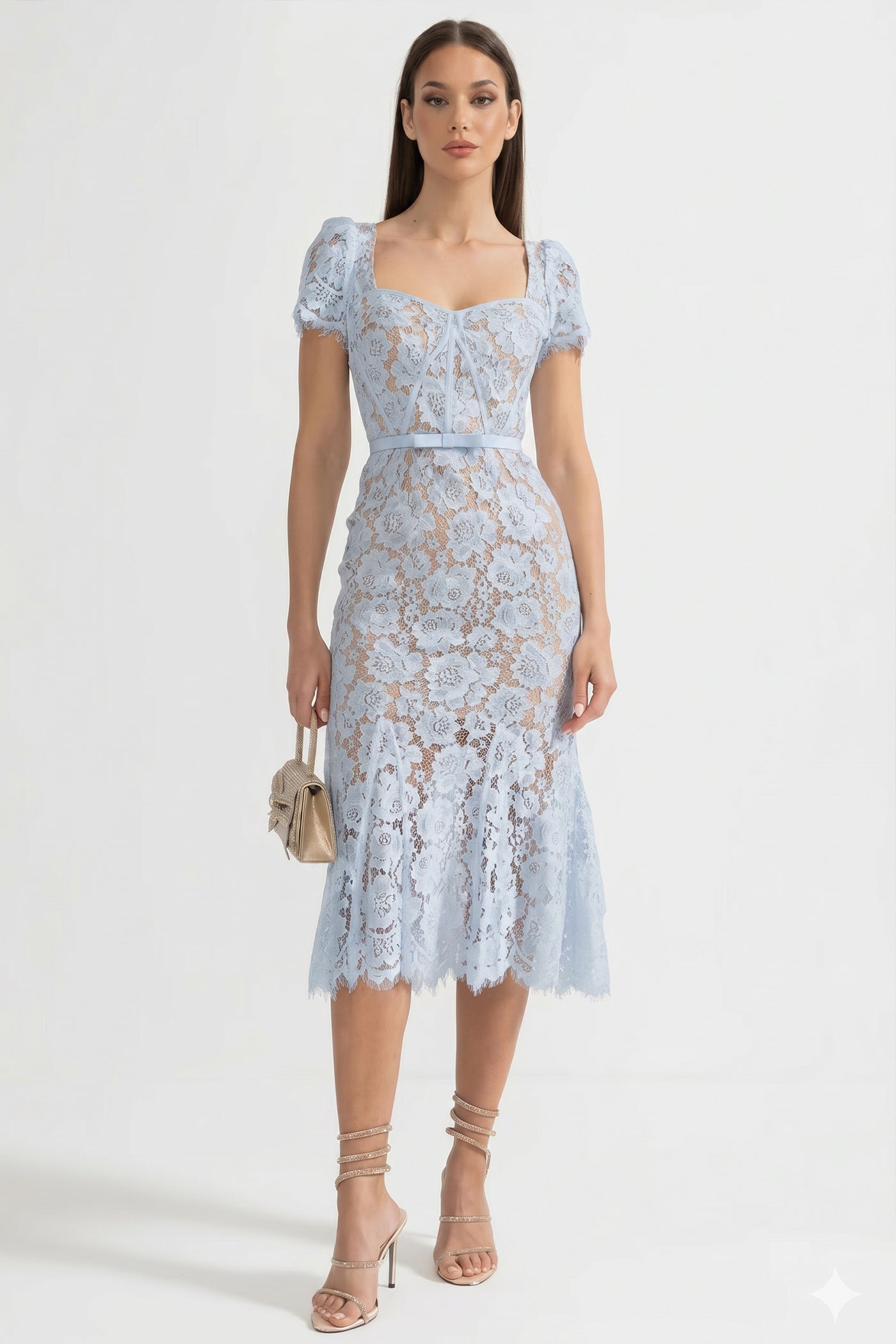Kurzärmeliges Spitzenkleid mit zartem, passendem Taillengürtel – Blau
