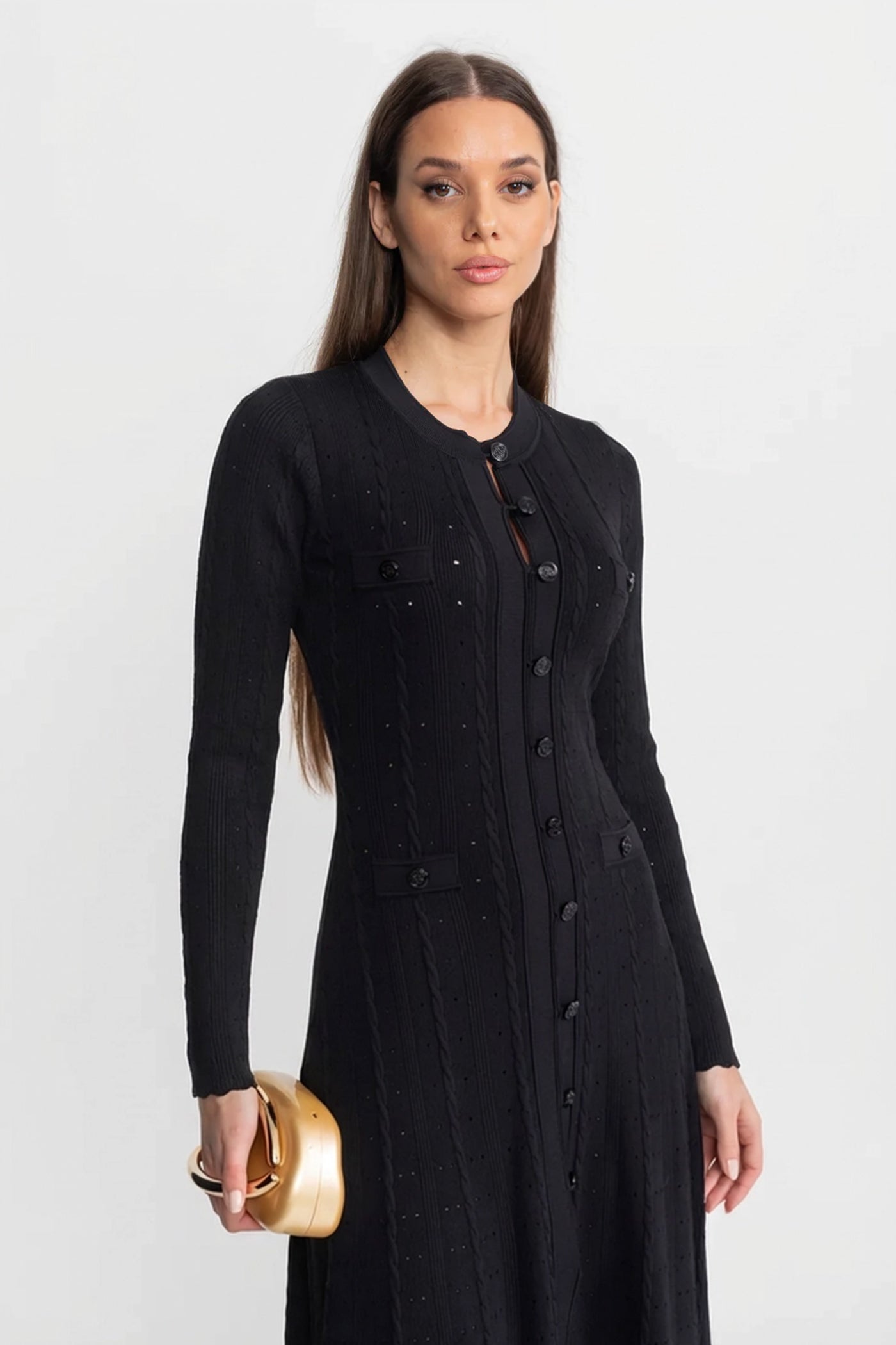 Strick-Midikleid mit Knopfleiste und Pointelle-Details – Schwarz