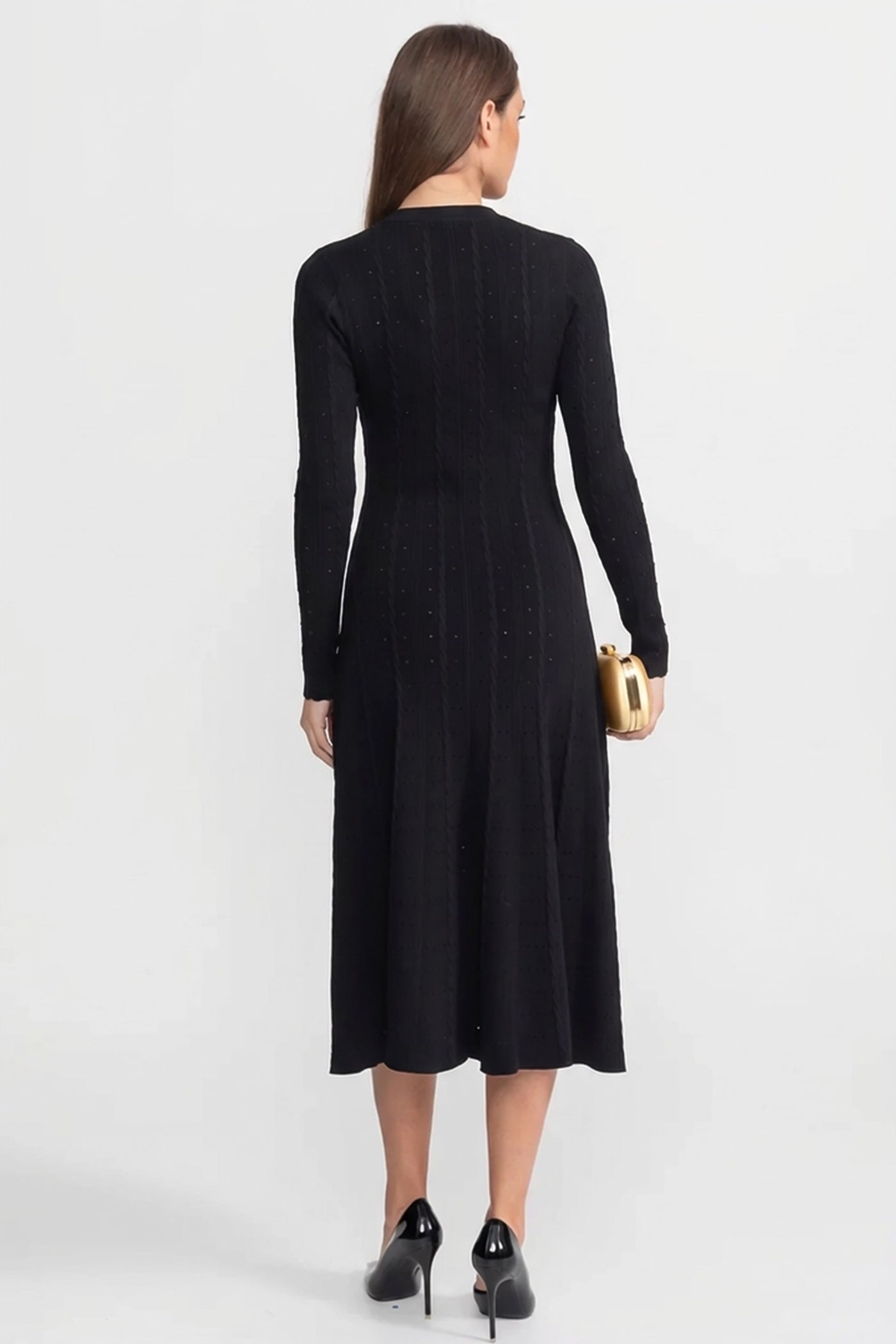 Strick-Midikleid mit Knopfleiste und Pointelle-Details – Schwarz