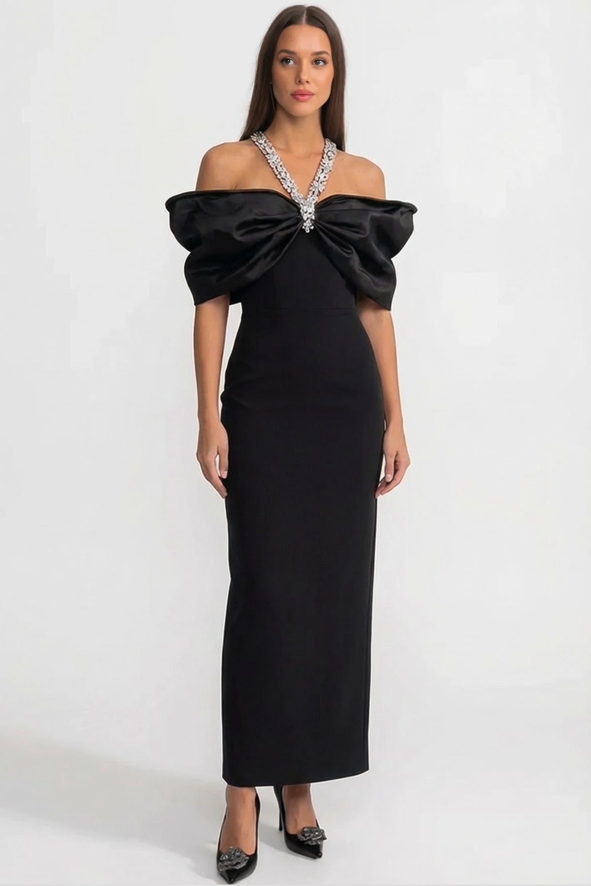 Embellished Bow-Neck Maxi Dress with Crystal Straps – Black