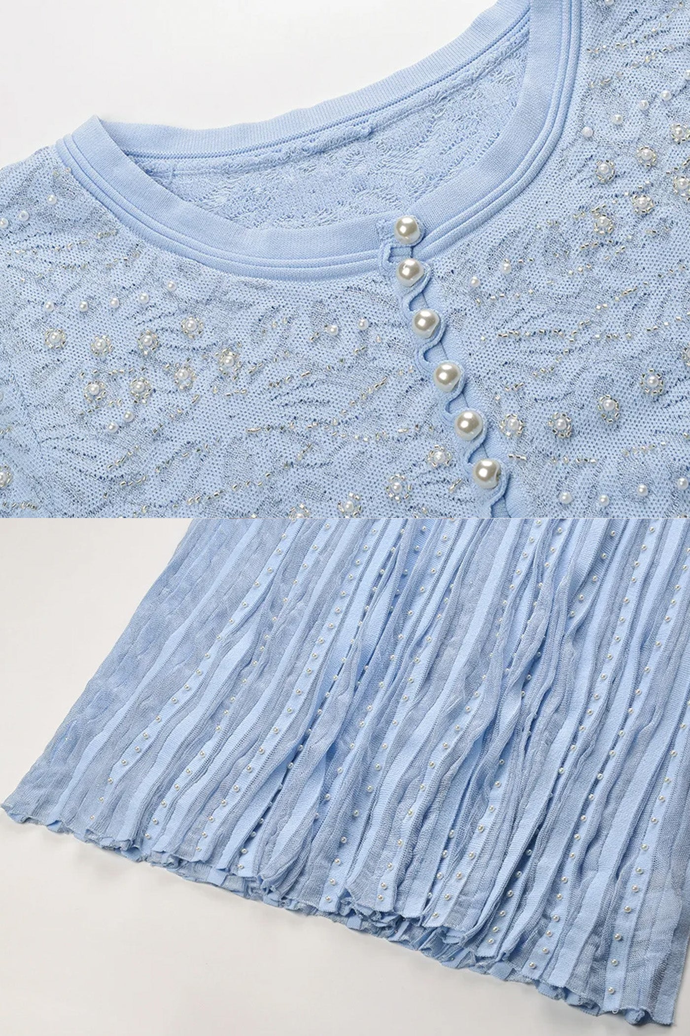 Midi-Kleid mit kurzen Ärmeln und Perlenverzierung - Powder Blue