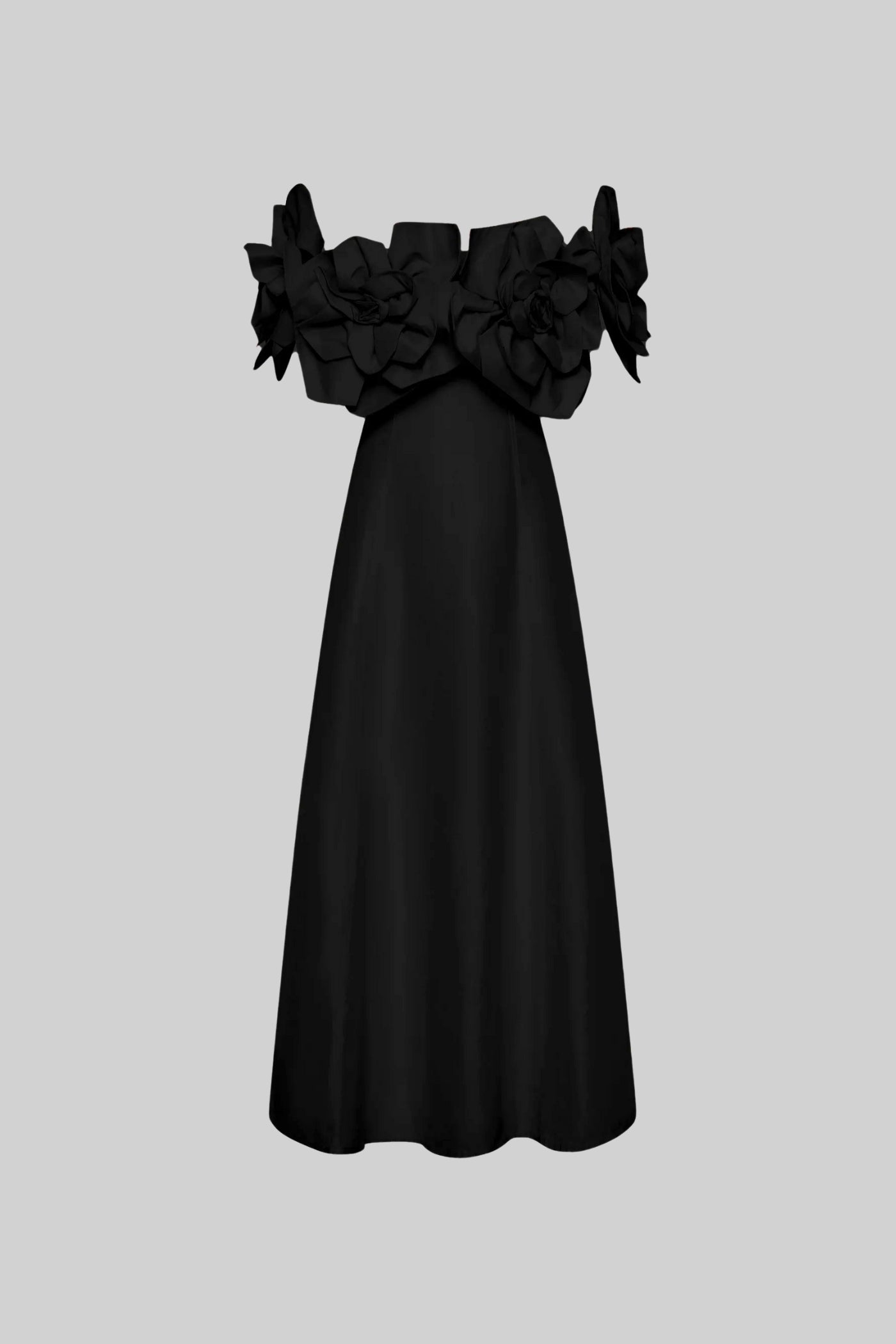 Off-Shoulder Midi Dress With Large Fabric Floral Accents - Black