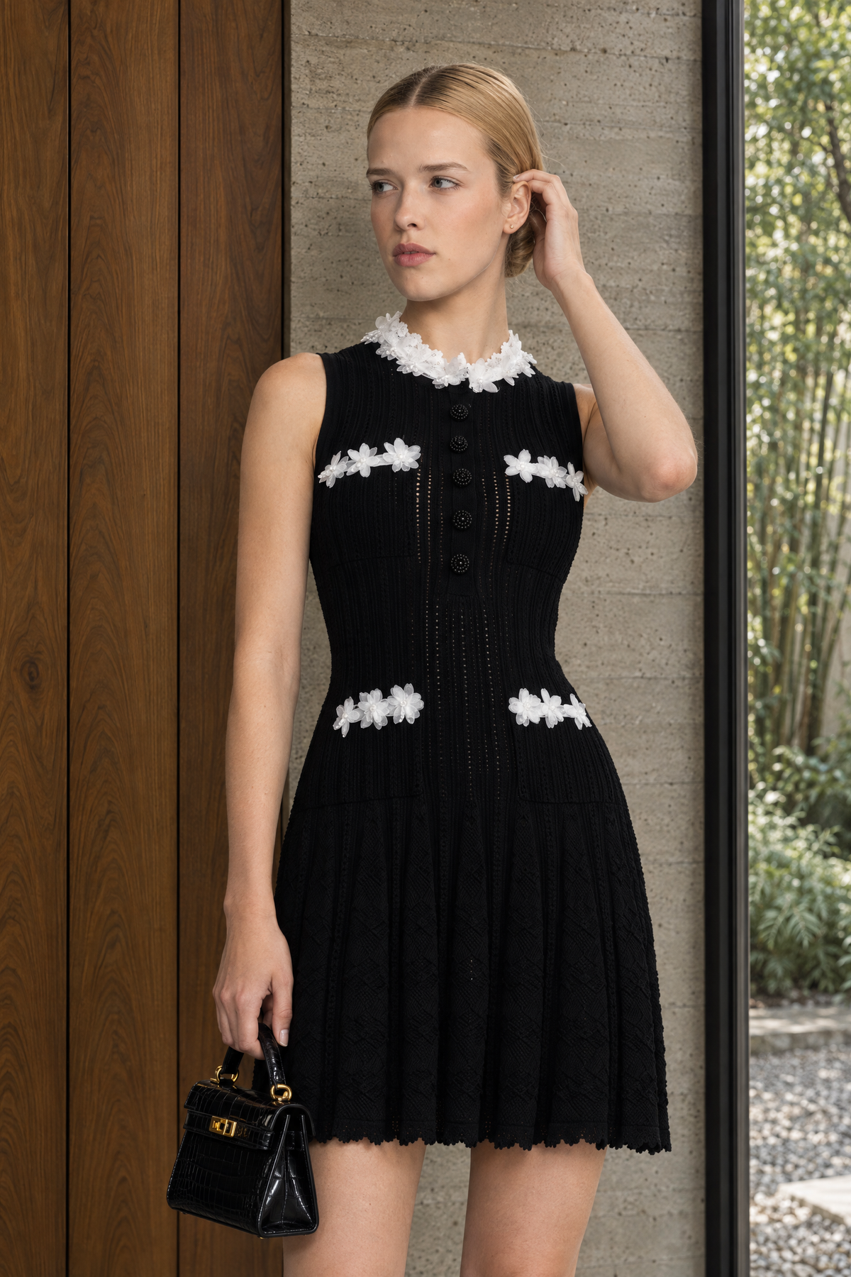 Organza Flower Trim Pointelle Knit Mini Dress - Black