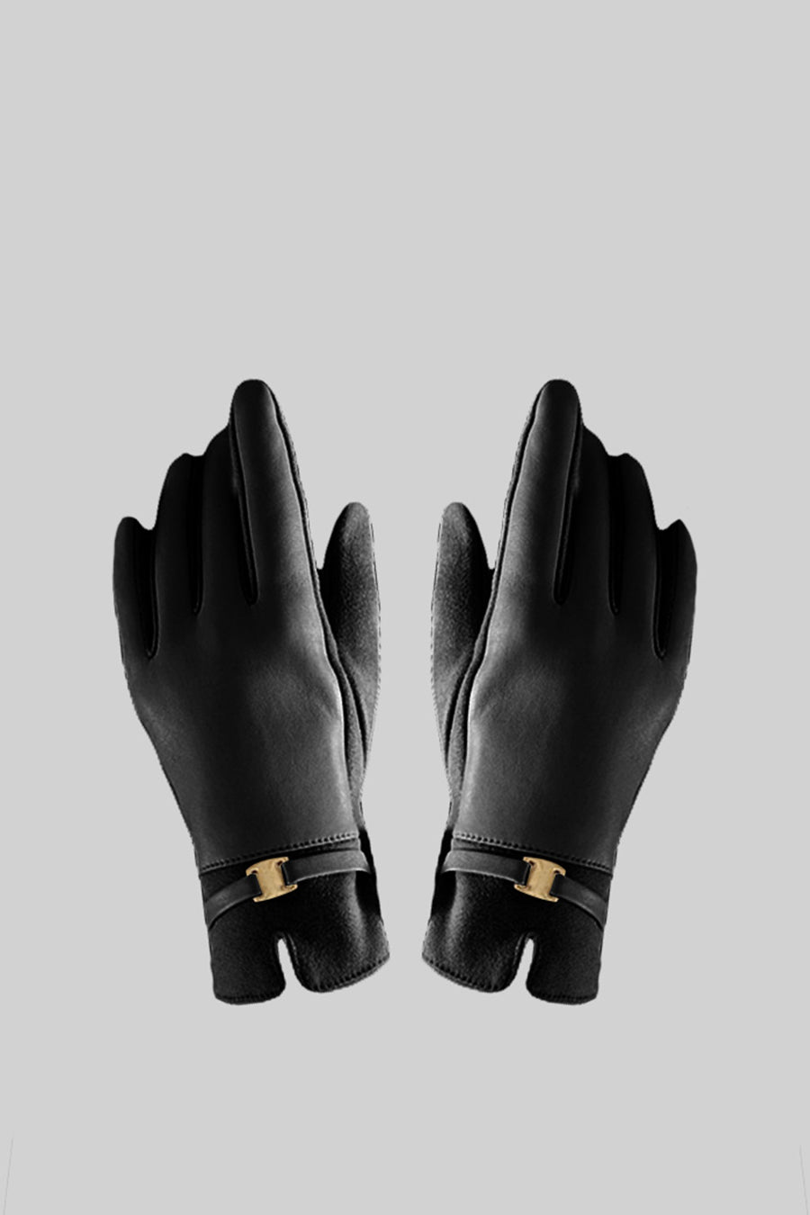 Handschuhe aus veganem Leder und Wildleder mit goldfarbenem Schnallendetail – Schwarz