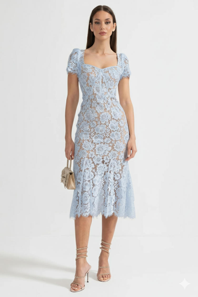 Short Sleeved Lace Dress With Delicate Matching Waist Belt - Blue