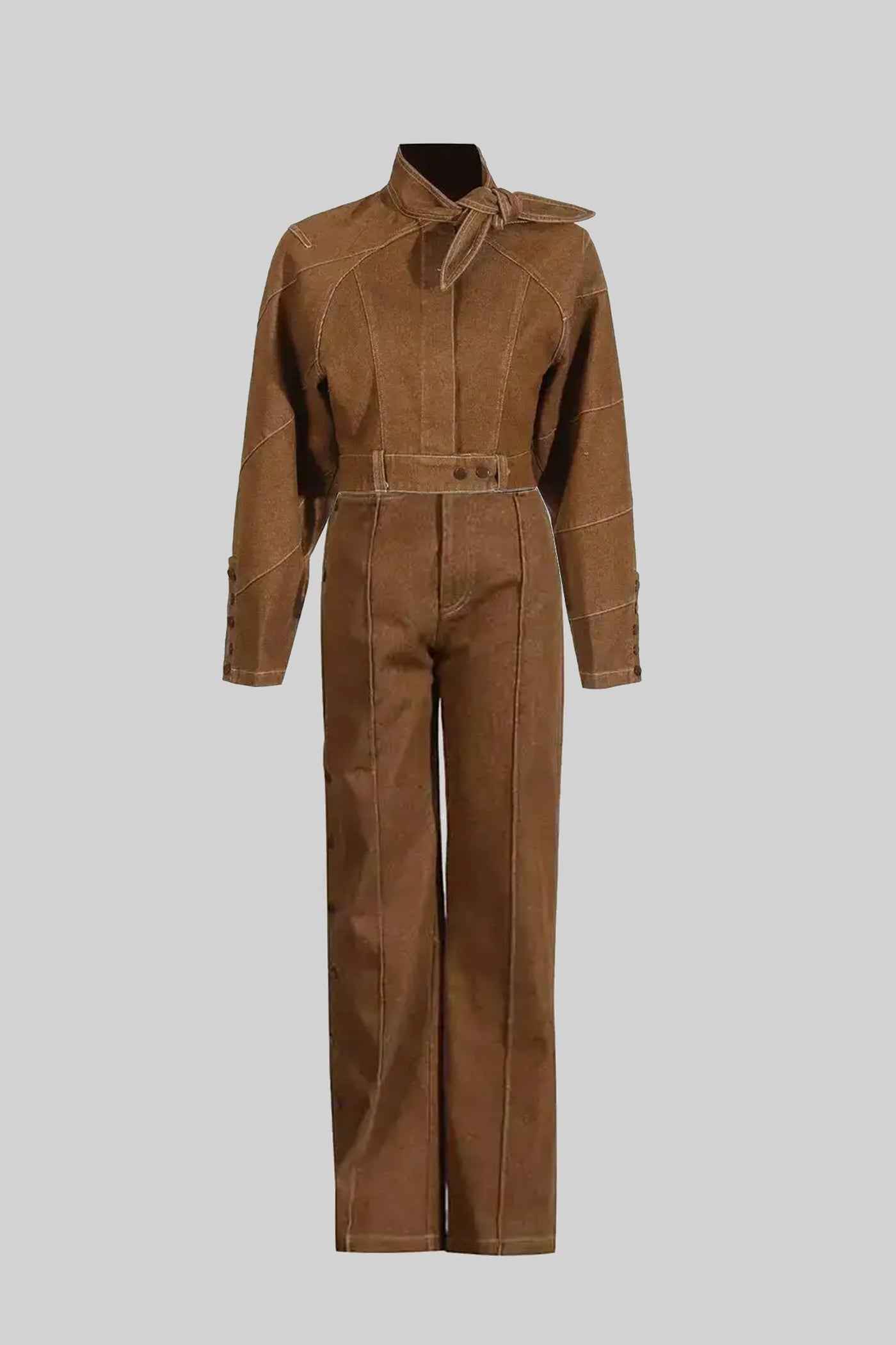 Wildleder-Co-Ord-Set mit Cropped-Jacke mit Bindekragen und weitem Bein - Braun