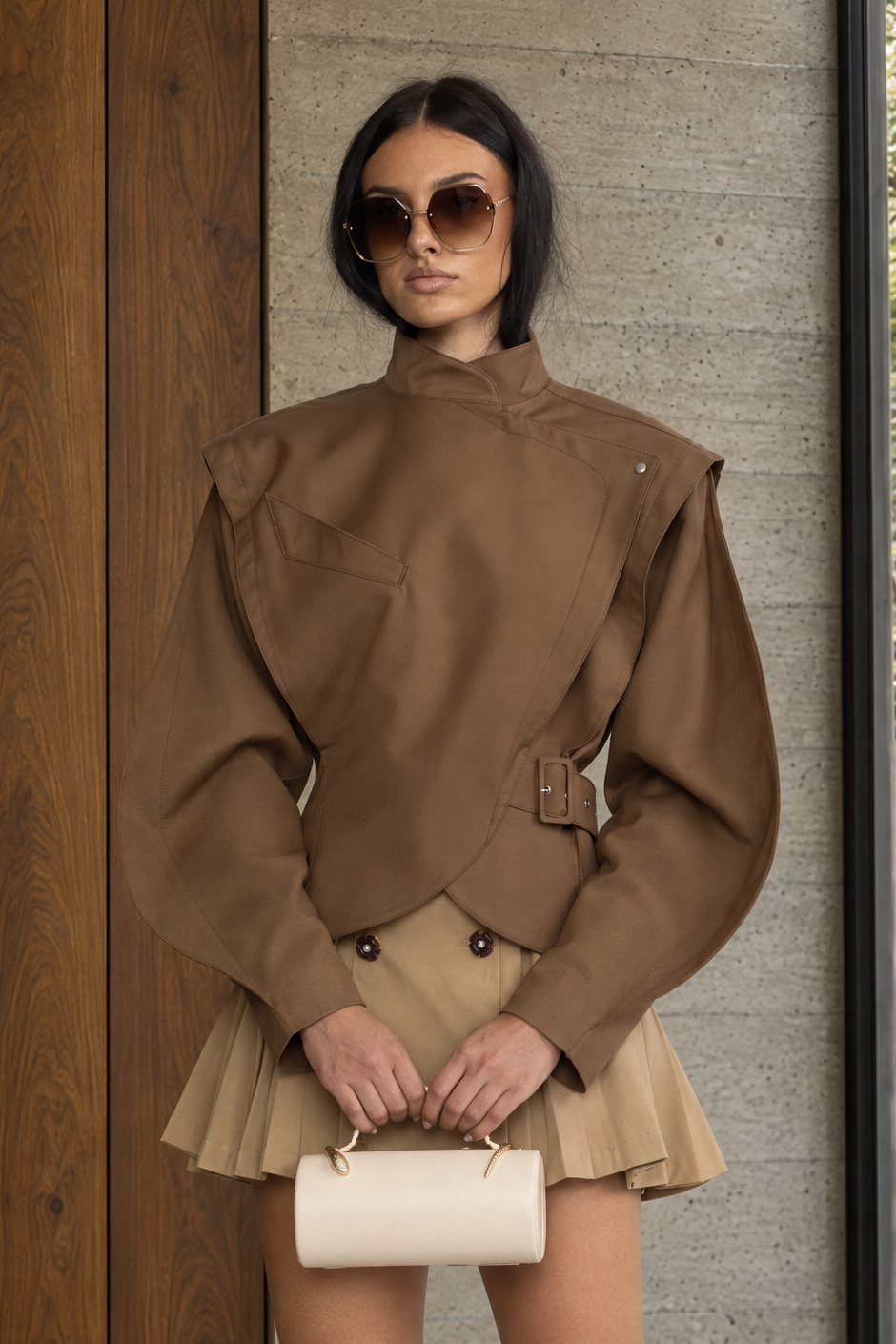 Structured Balloon Sleeve Wrap Jacket - Brown