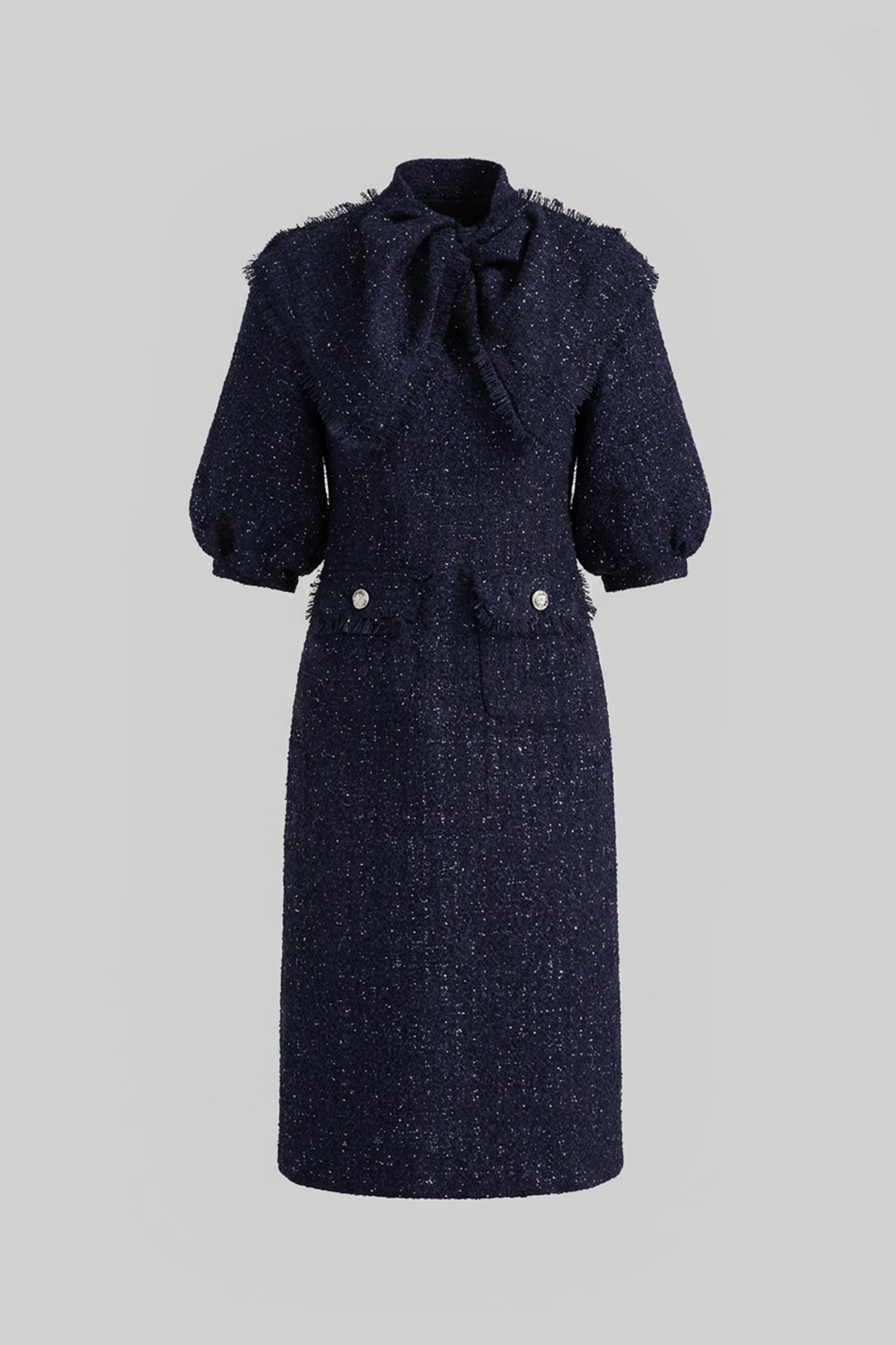 Tweed-Midikleid mit übergroßem Schleifenkragen – Navy