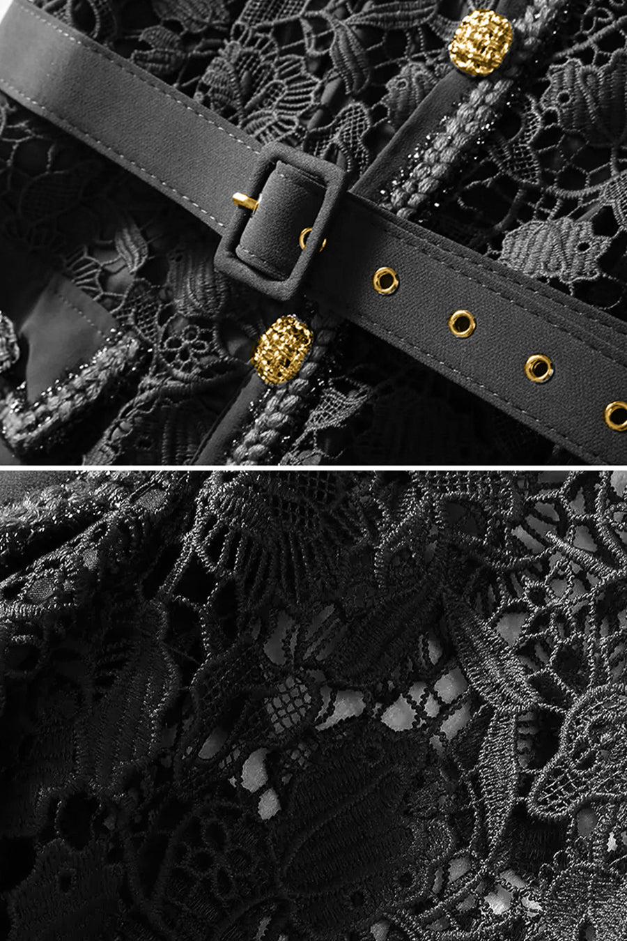 Elegantes Kleid mit kurzen Ärmeln, Spitzenoberteil und ausgestelltem Rock – Schwarz