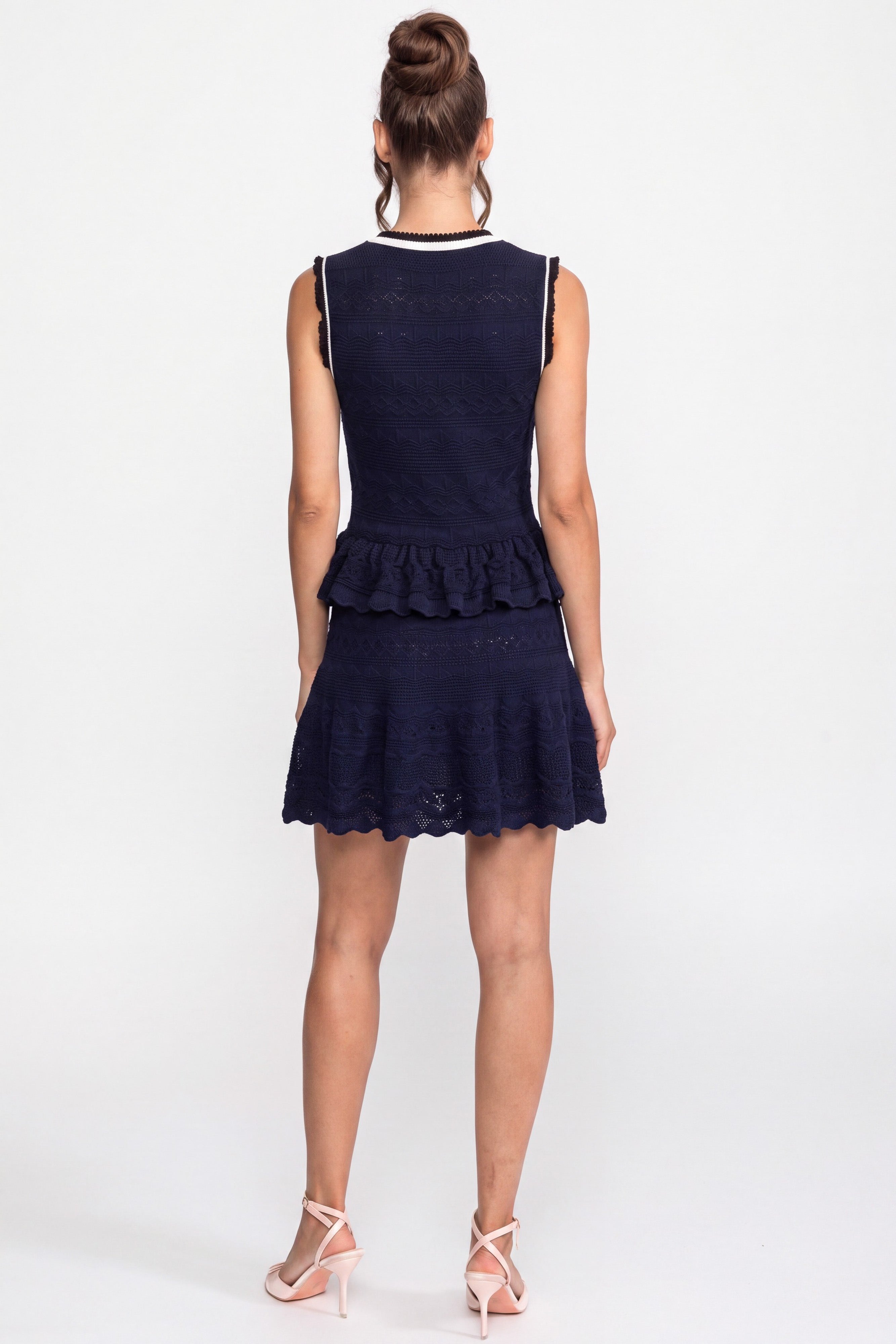 Peplum-Strick-Minikleid mit Kontrastbesatz und Schleife - Marineblau