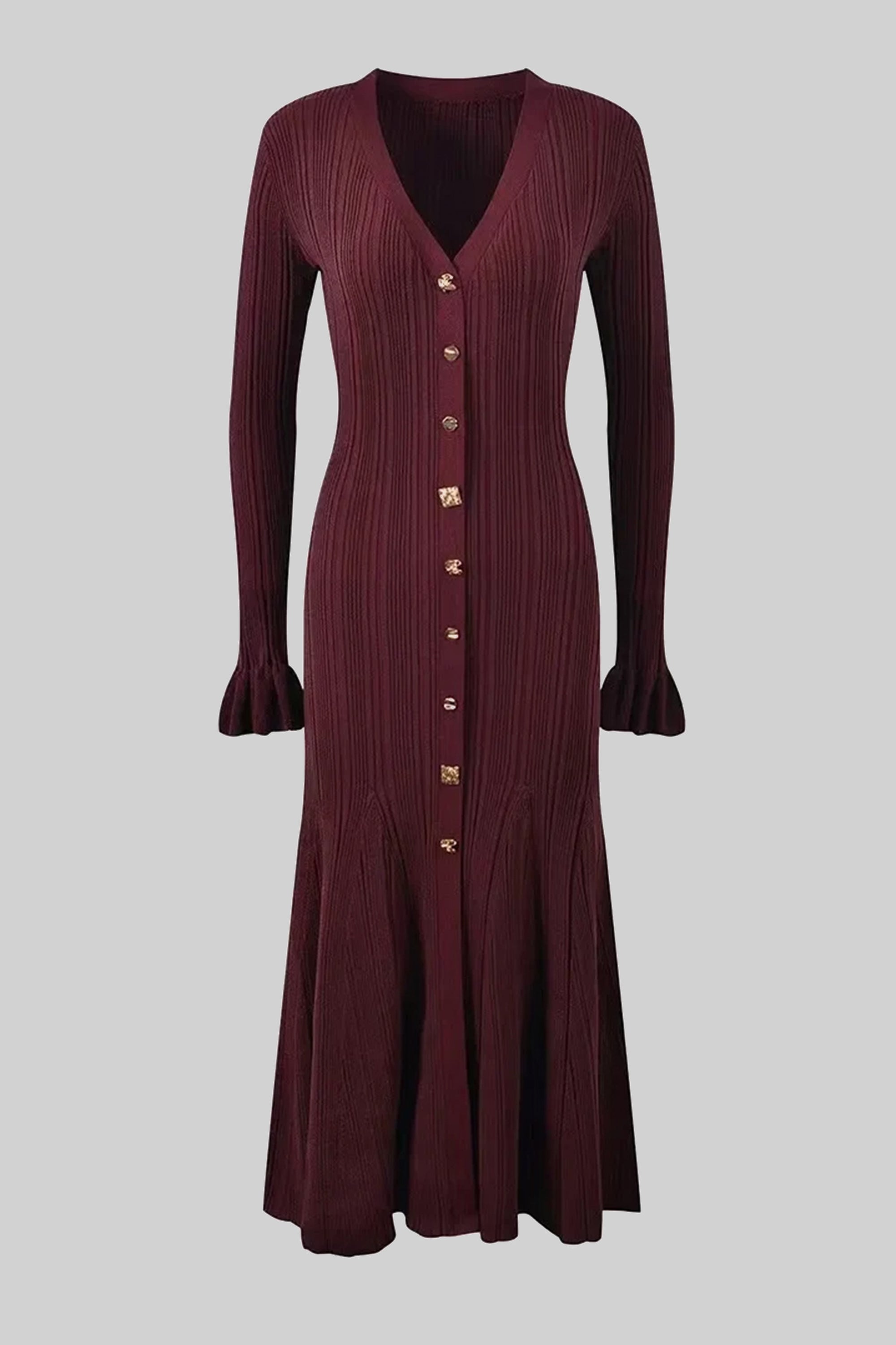 V-Neck Button-Front Ribbed Knit Maxi Dress With Ruffle Cuffs - Burgundy