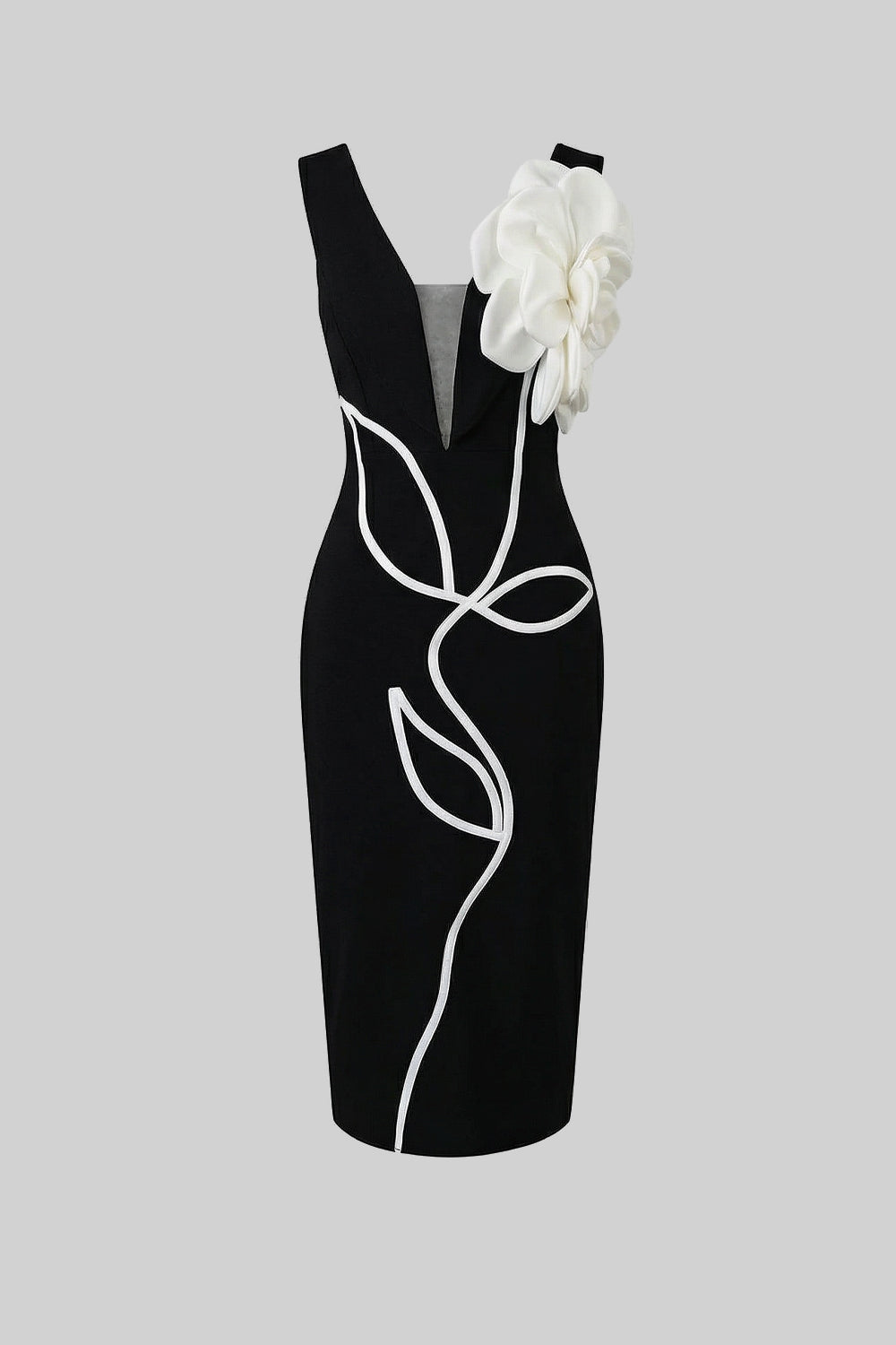 Structured Midi Dress with Sculpted Floral Accent – Black