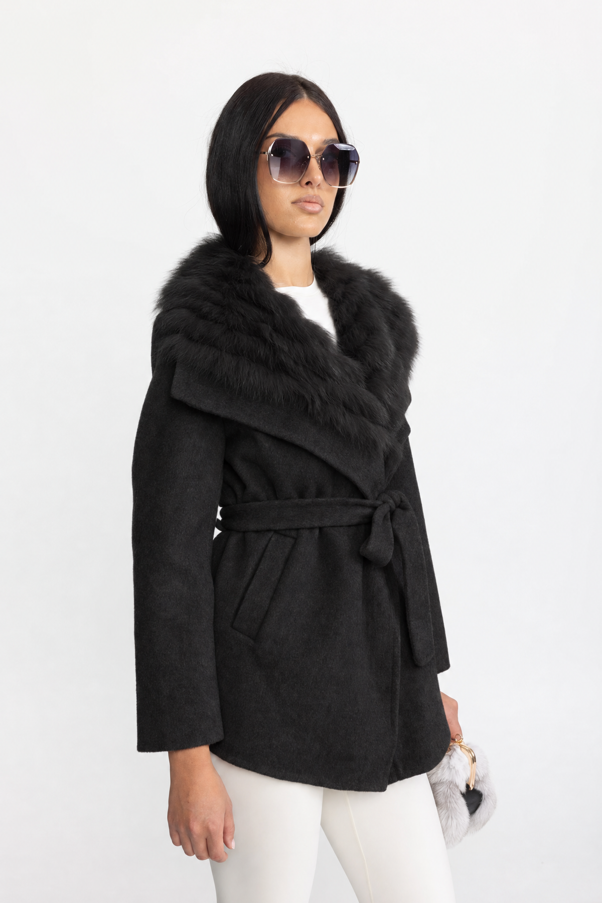 Wool Coat with Oversized Fur Collar And Belt - Black