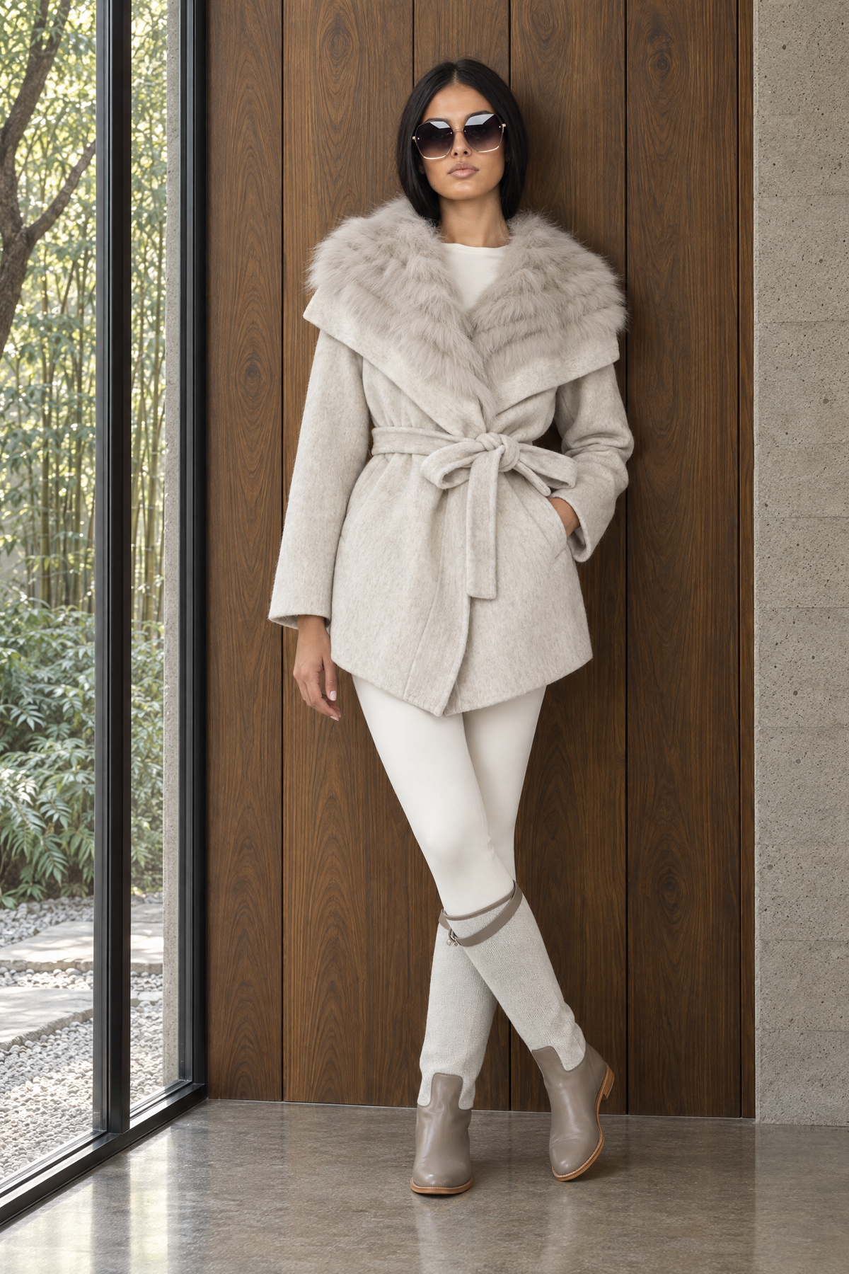 Wool Coat with Oversized Fur Collar And Belt - Light Grey