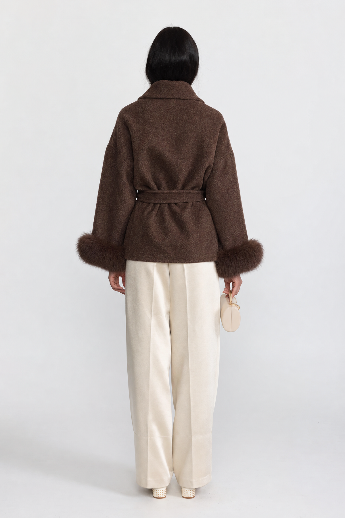 Wool Blend Wrap Jacket with Fox Fur Cuffs - Brown