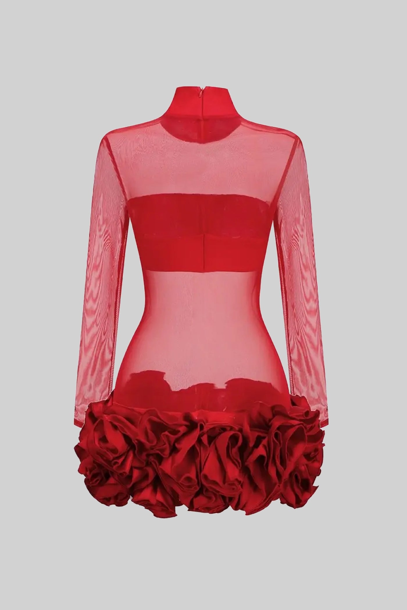 Durchscheinendes Mini-Kleid mit floralen 3D-Rosetten am Saum – Rot