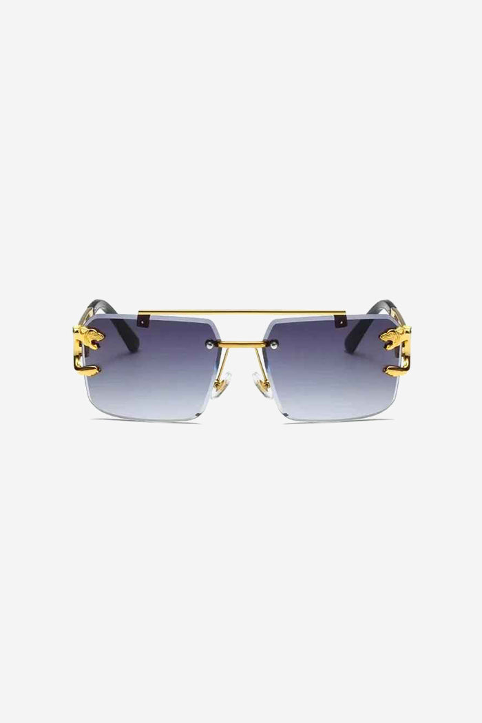 Randlose quadratische Sonnenbrille mit goldener Panther-Detail und doppeltem Steg – Lila