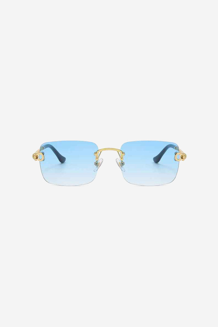 Randlose quadratische Sonnenbrille mit verdrehten goldenen Seitenbügeln – Blue