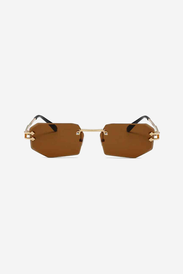 Rimless Geometric Sunglasses with Textured Gold Chain Temples – Brown