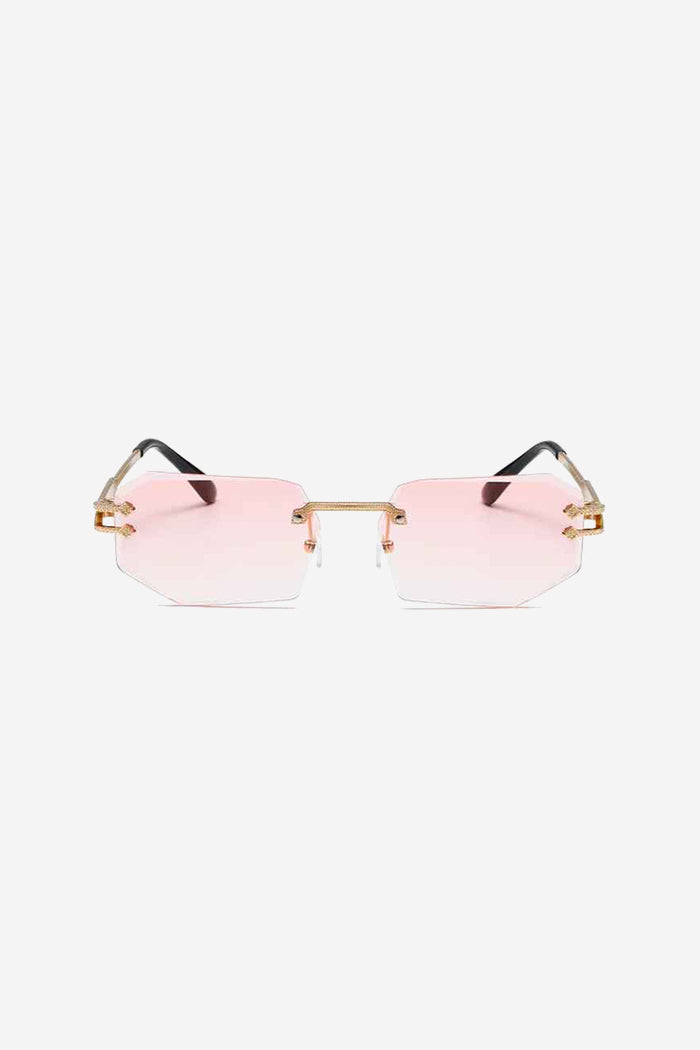 Randlose geometrische Sonnenbrille mit strukturierten goldenen Kettenbügeln – Pink