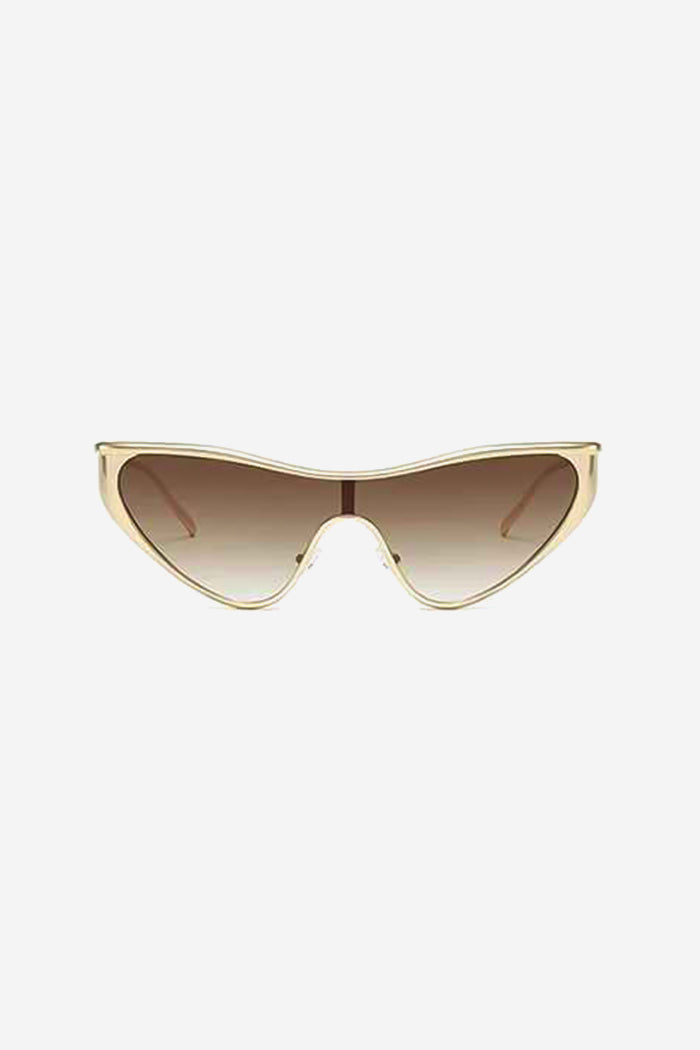 Futuristische Cat-Eye Shield-Sonnenbrille mit goldenem Rahmen – Braun