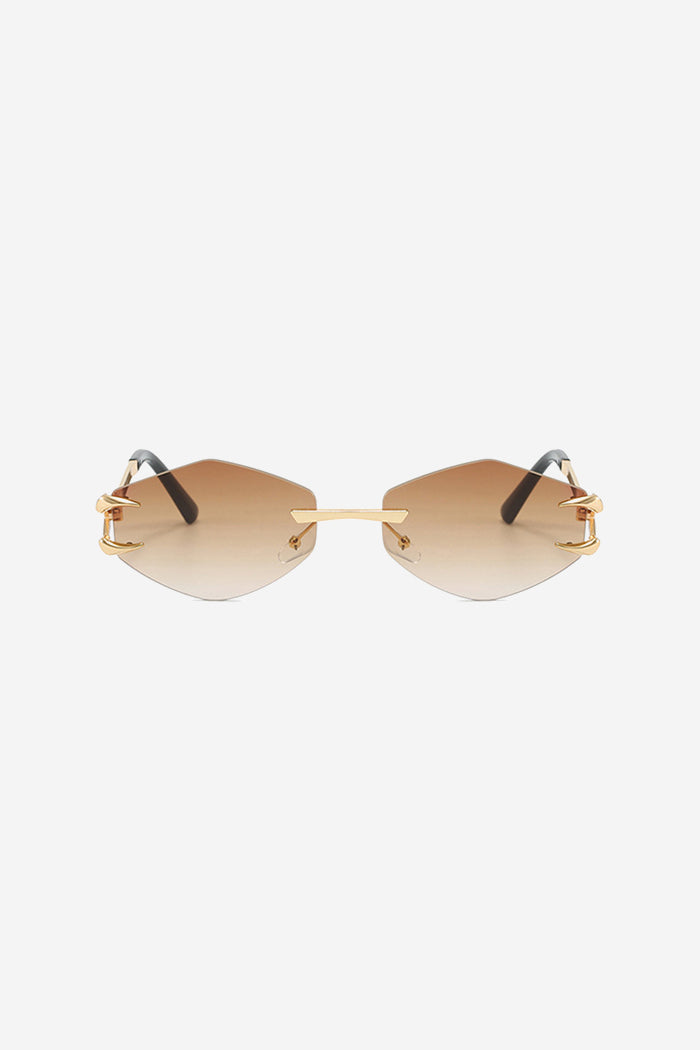 Randlose geometrische Sonnenbrille mit goldenen, stachelbesetzten Bügeln – Braun