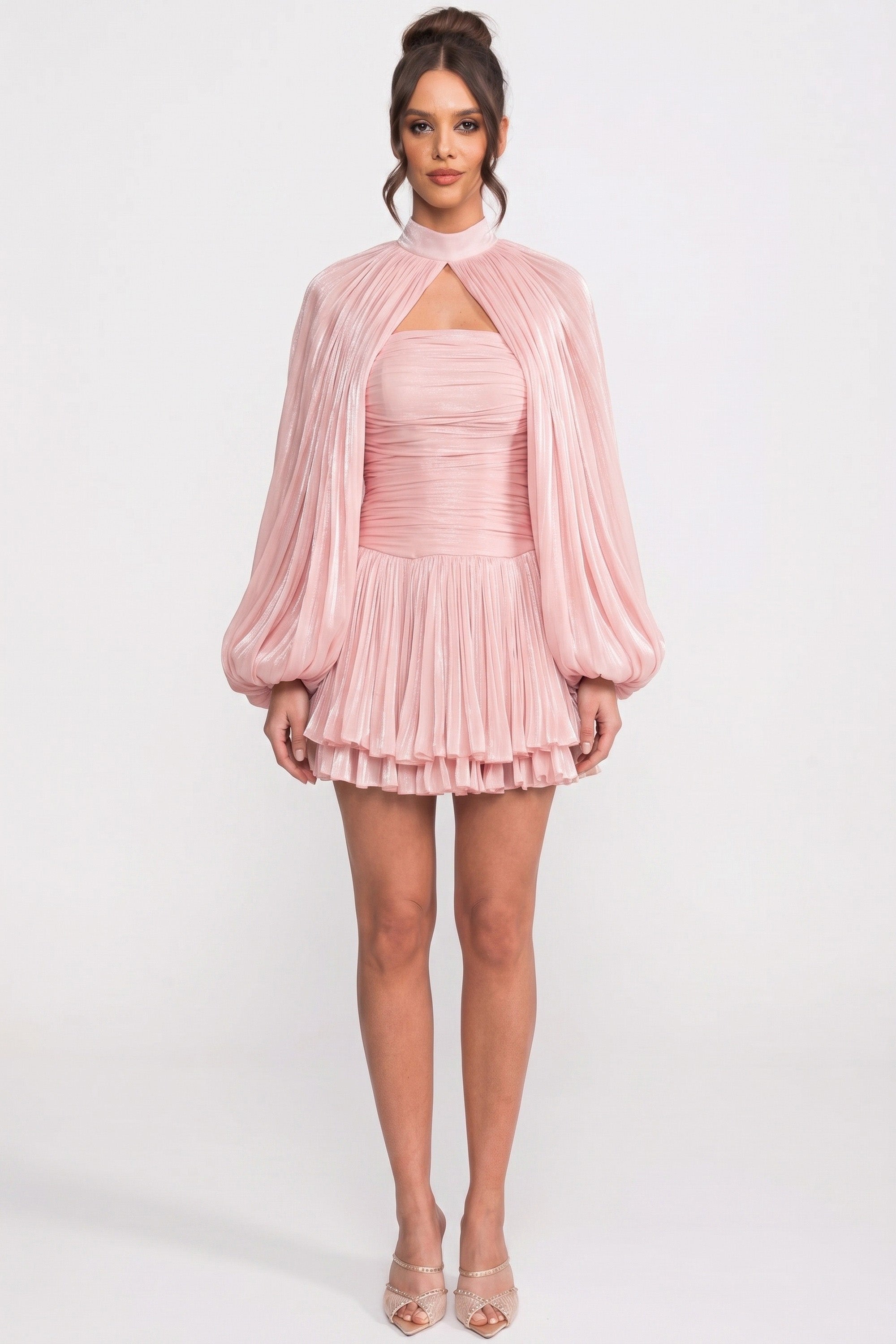 High-Neck Balloon-Sleeve Mini Dress With Pleated Skirt - Pink