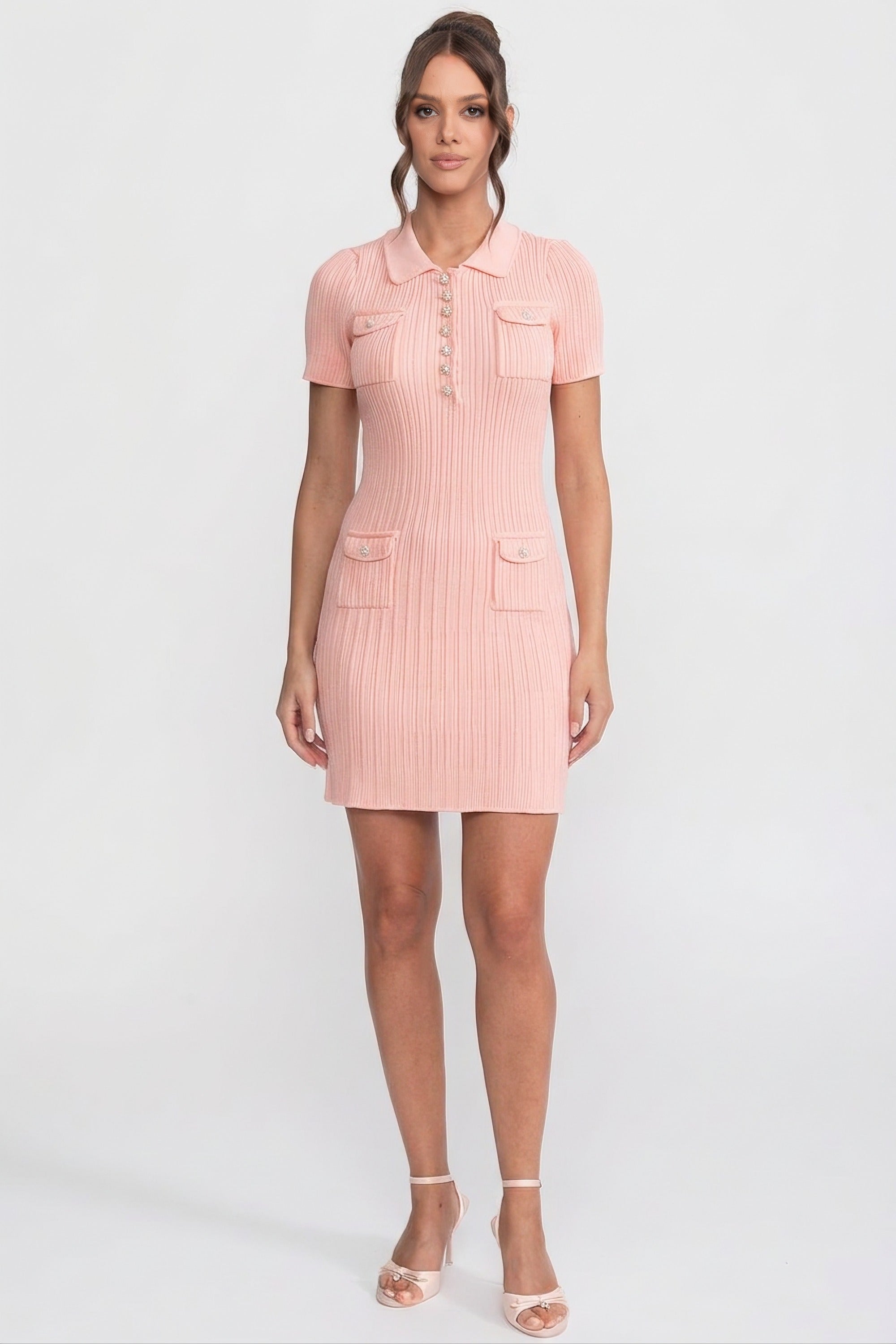 Geripptes Strick-Minikleid mit Knopfleiste vorne - Peach
