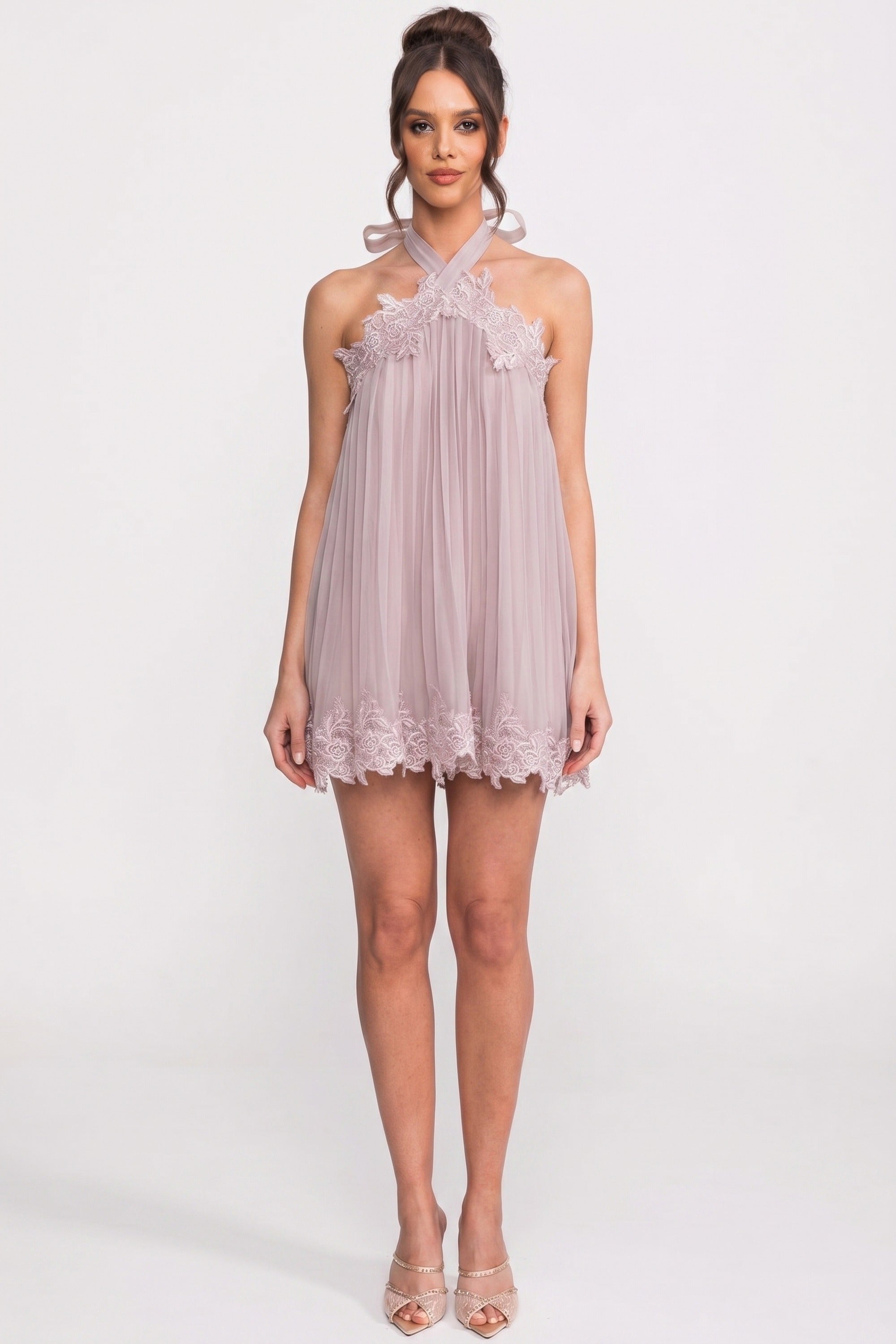 Halter Neck Chiffon Mini Dress With Lace Hem - Pink