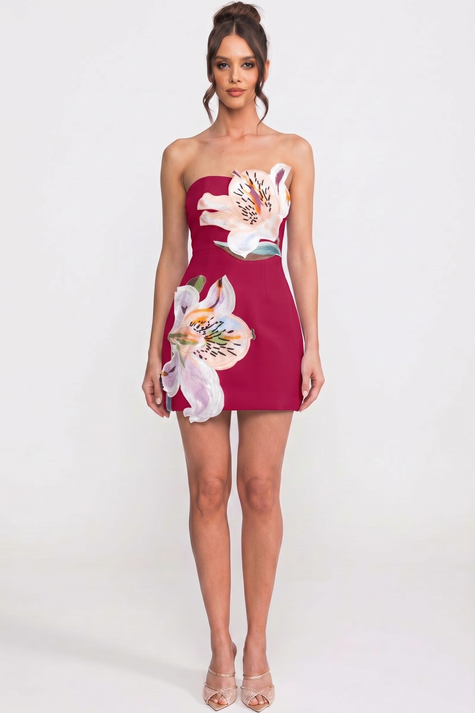 Trägerloses Mini-Kleid mit floralem Print und strukturiertem Oberteil - Rot