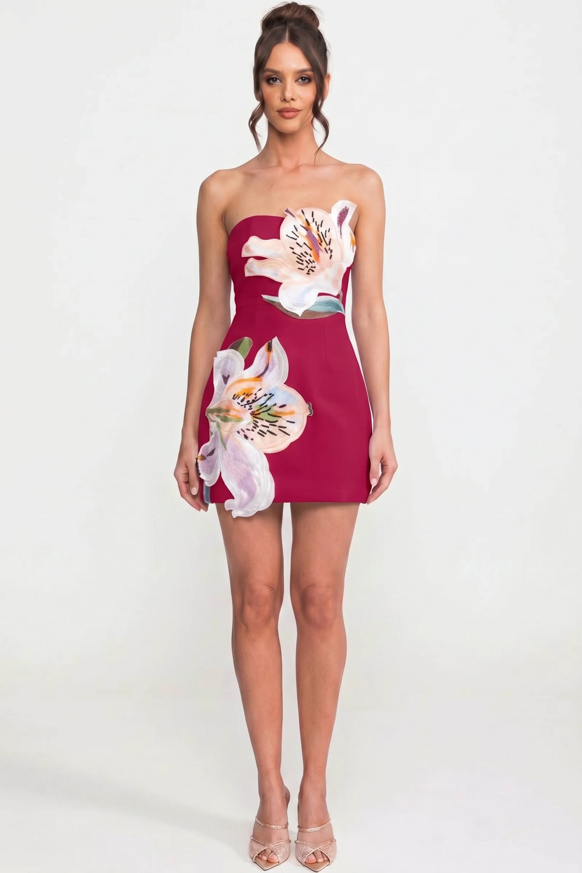 Strapless Floral-Print Mini Dress With Structured Bodice - Red