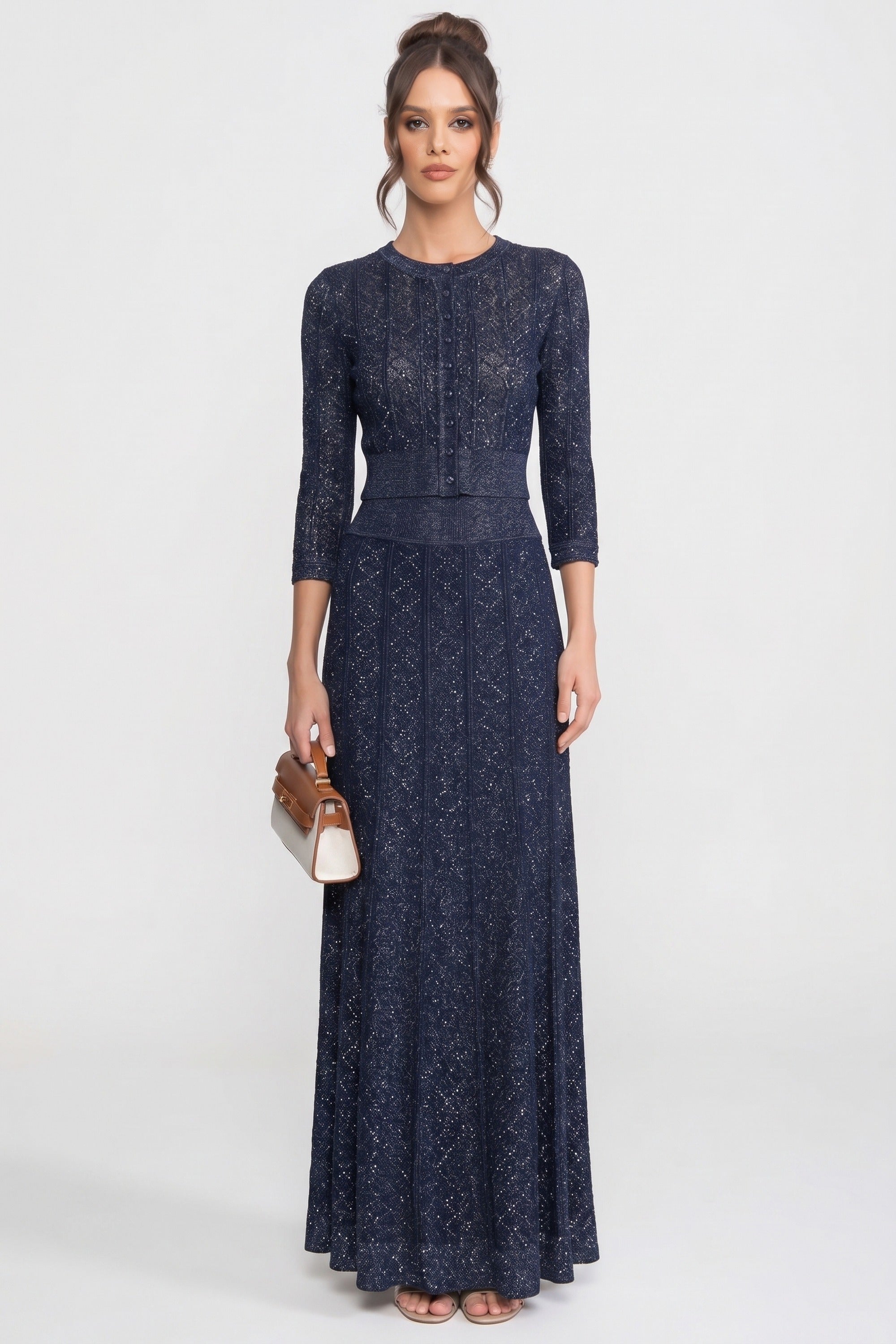 Langärmliges Co-Ord-Set aus Spitze mit Rautenmuster und Maxirock - Navy