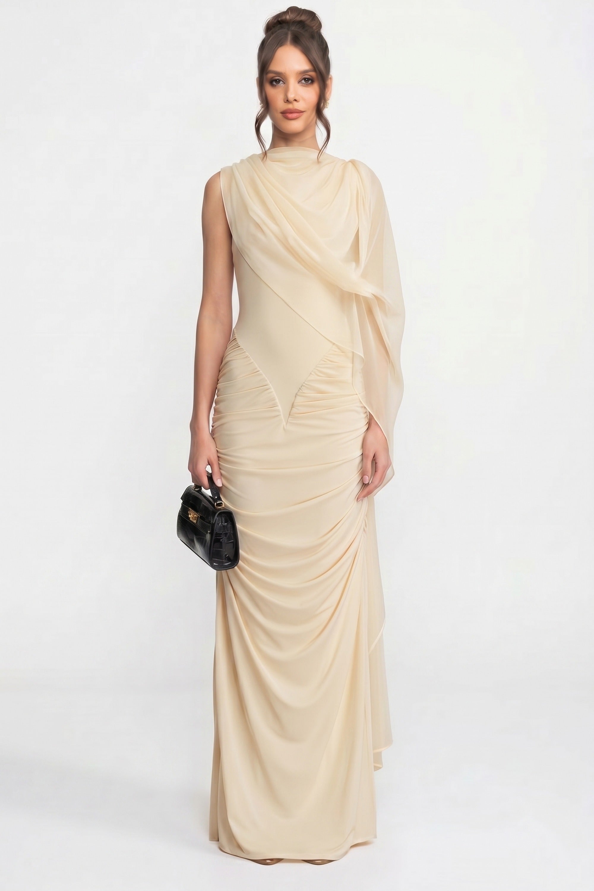 Maxikleid mit einer Schulter und Drapierung mit transparentem Schal-Detail - Gelb