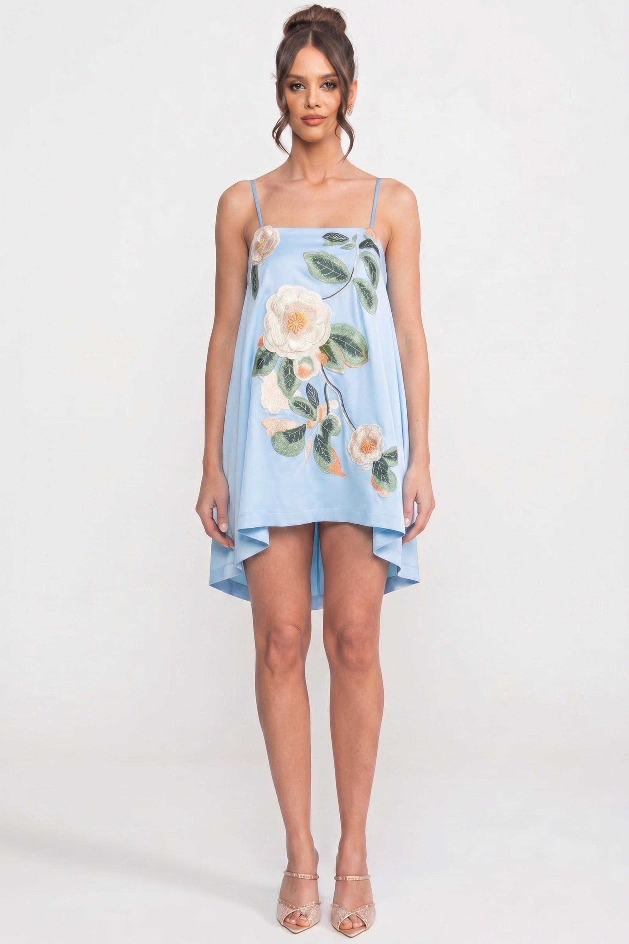 Minikleid mit Spaghettiträgern, 3D-Blumenapplikation und A-Linien-Rock - Blau