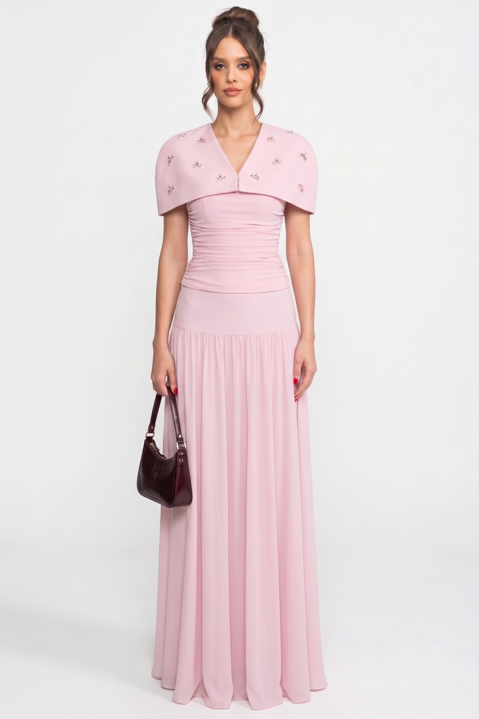 3-teiliges Co-Ord-Set mit gerafftem Top, abnehmbarem Cape und Maxi-Rock - Pink