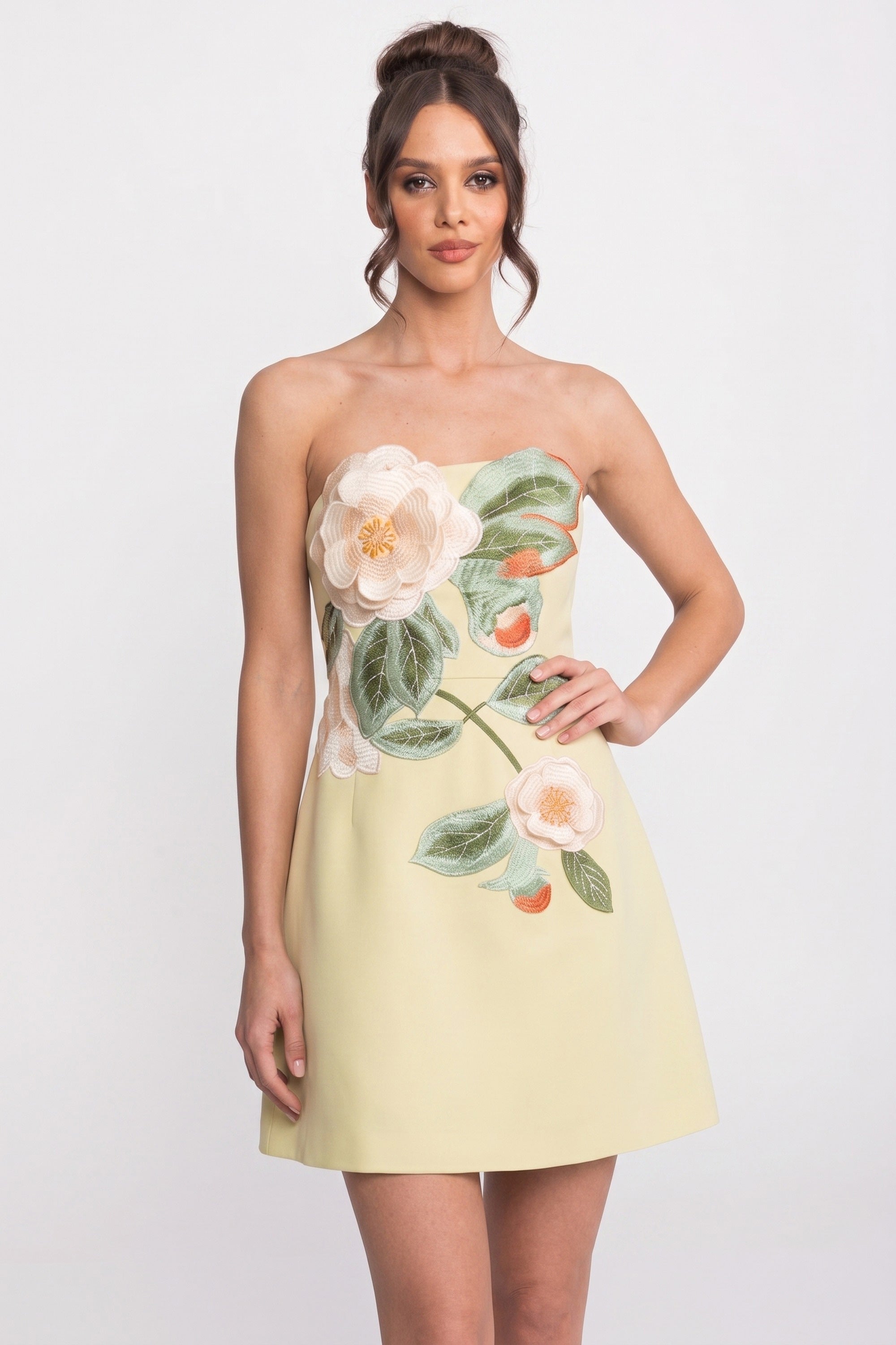 Ärmelloses Mini-Kleid mit 3D-Camellia-Blütenapplikation - Gelb