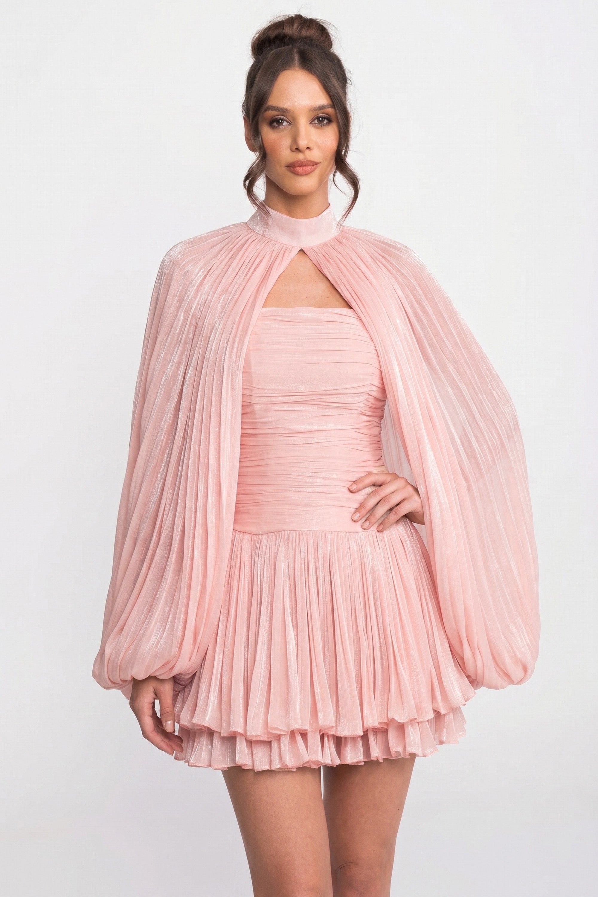 High-Neck Balloon-Sleeve Mini Dress With Pleated Skirt - Pink