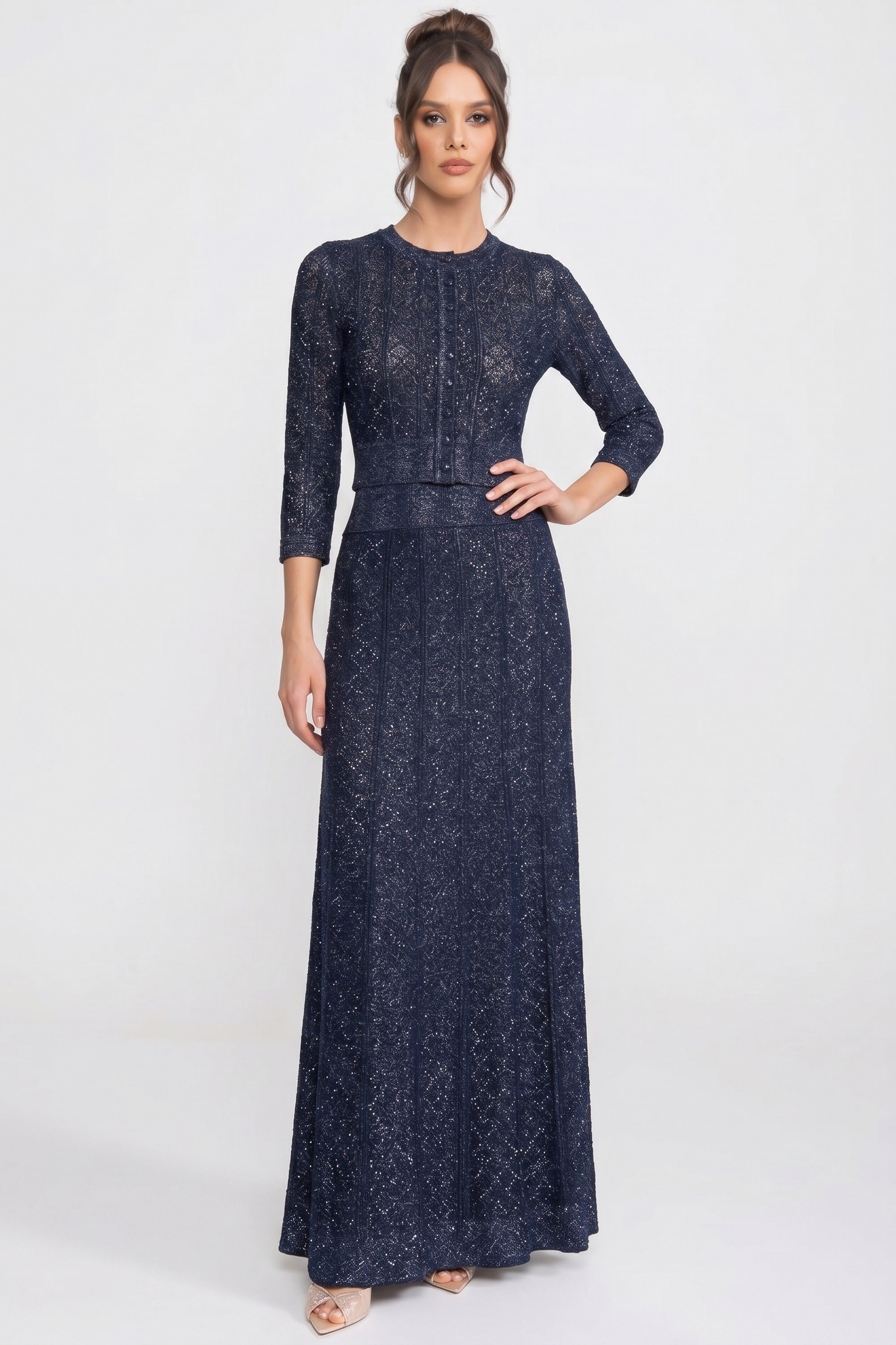 Langärmliges Co-Ord-Set aus Spitze mit Rautenmuster und Maxirock - Navy