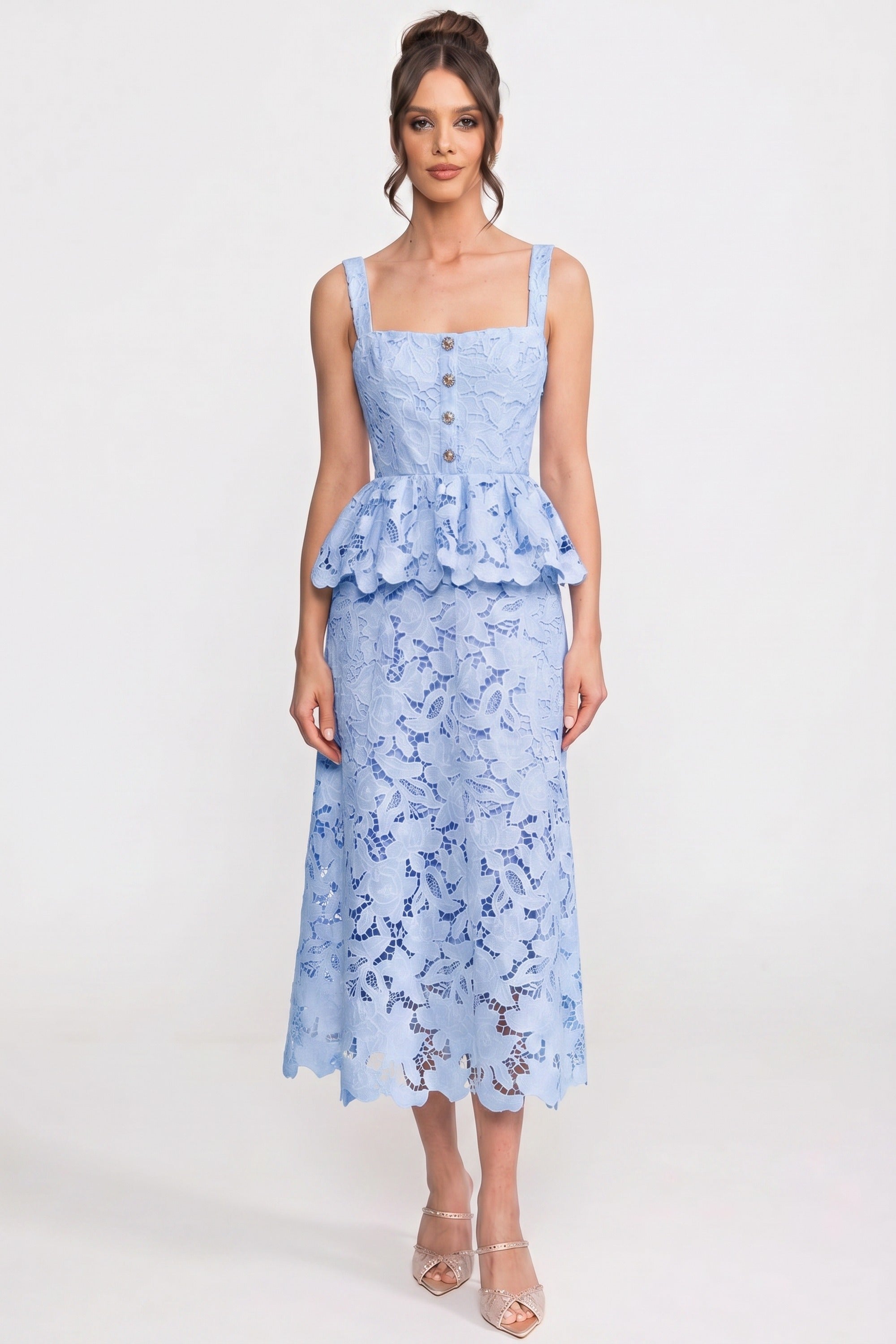 Sleeveless Lace Peplum Dress With Midi Skirt And Golden Buttons - Blue