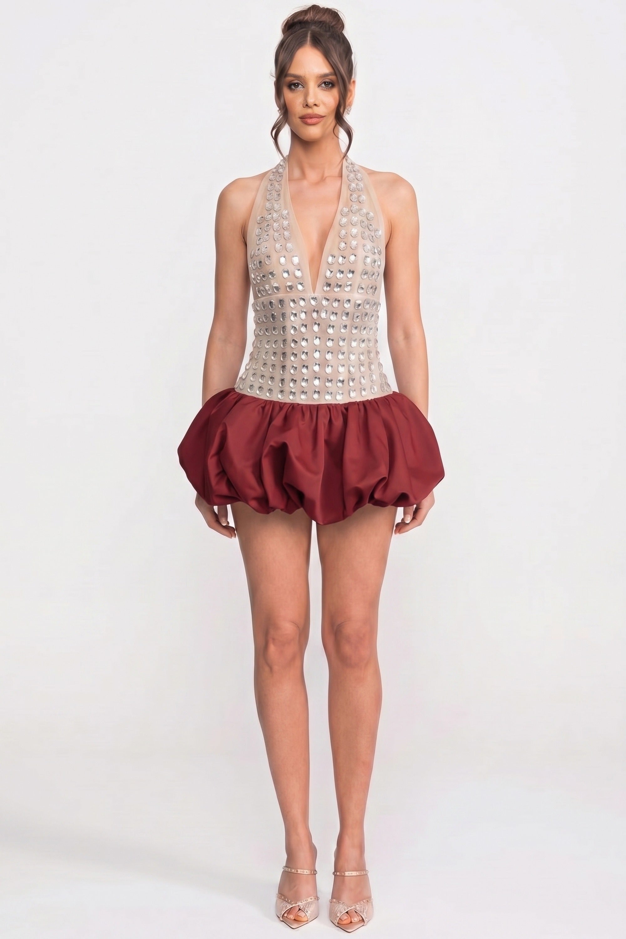 Crystal-Embellished Halter Mini Dress With Bubble Skirt - Red