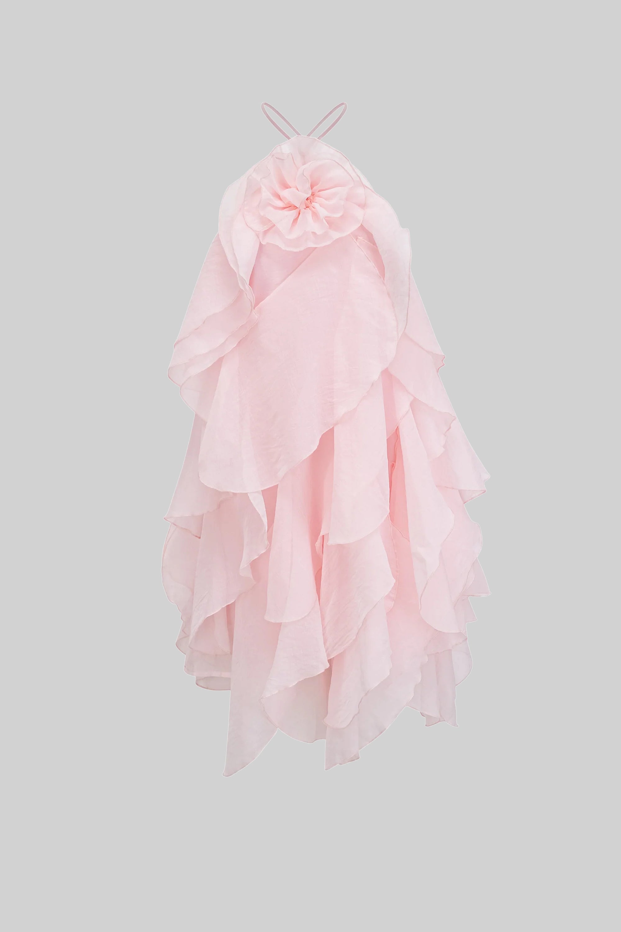 Gestuftes Rüschen-Minikleid mit 3D-Blumen-Halterkragen - Pink