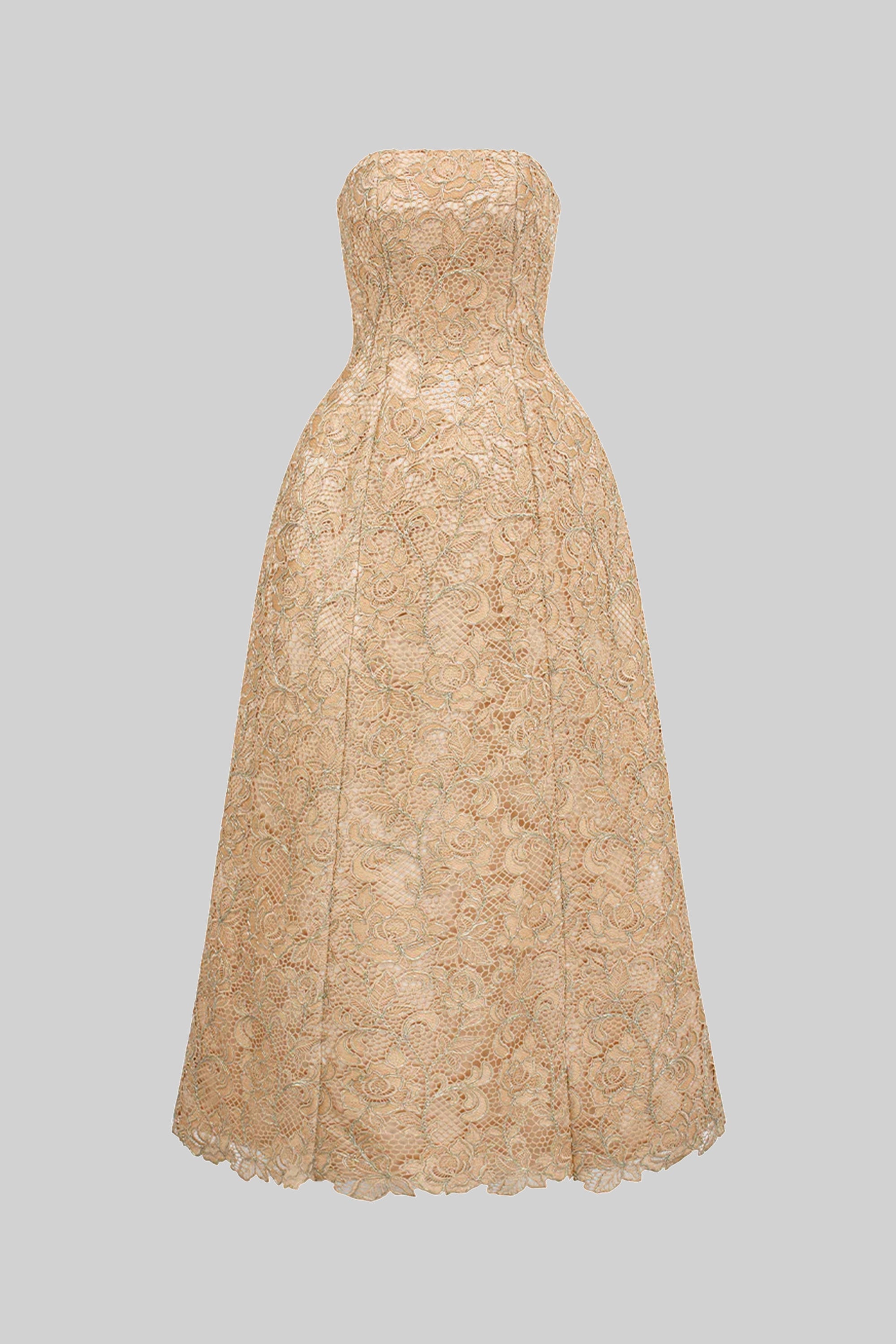 Schulterfreies Ballkleid aus floraler Spitze mit vollem A-Linien-Rock - Gold