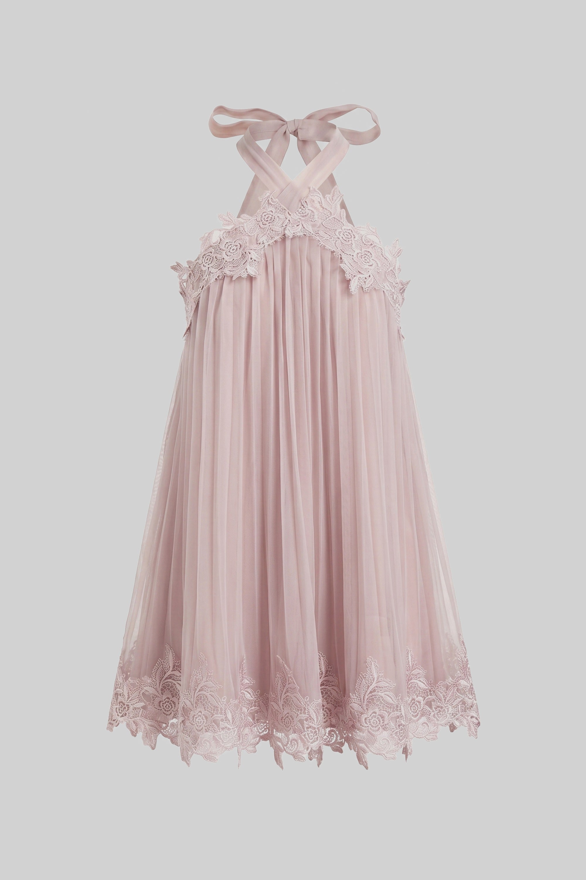 Halter Neck Chiffon Mini Dress With Lace Hem - Pink