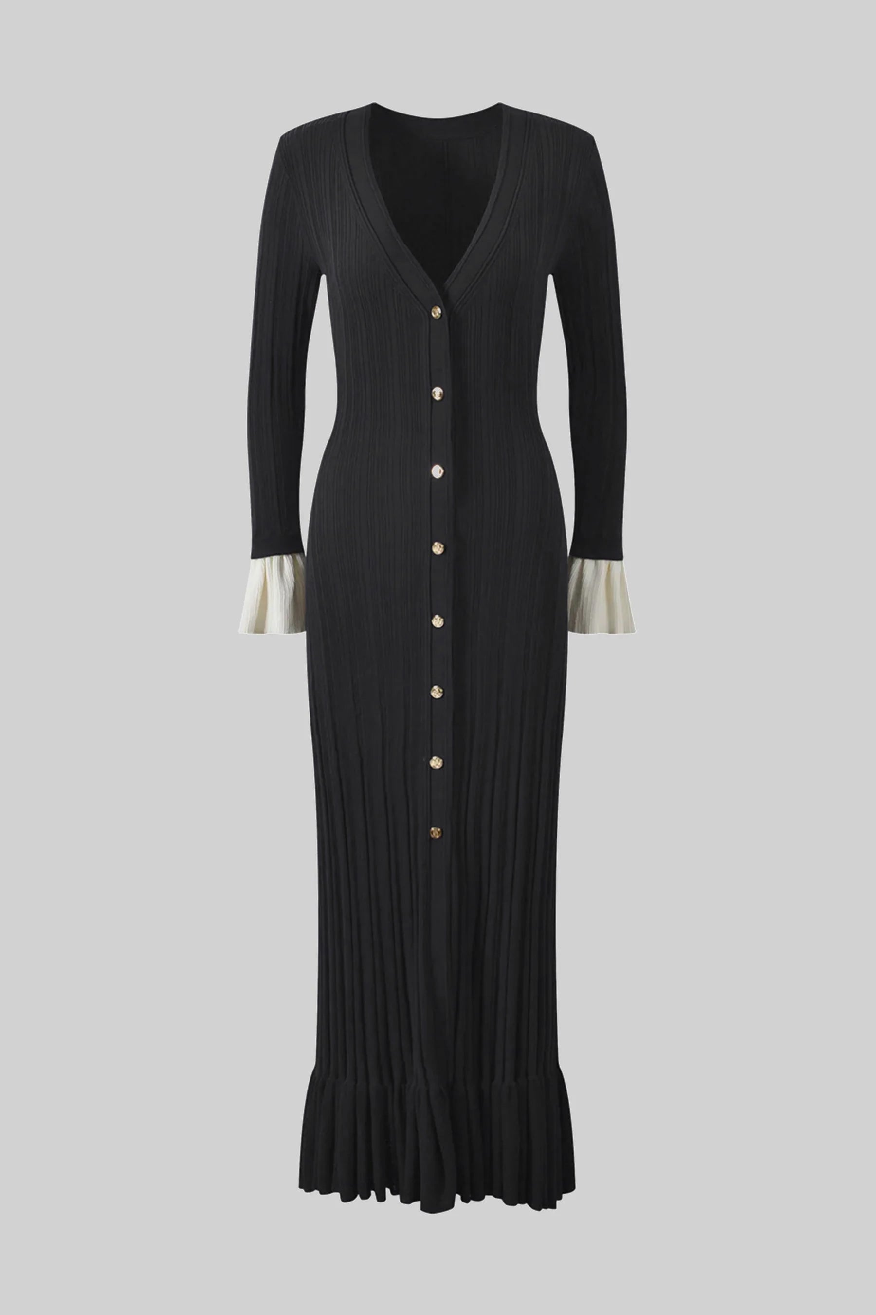 Maxikleid aus Strick mit langen Ärmeln, Knopfleiste vorn, Falten und kontrastierenden Manschetten – Navy