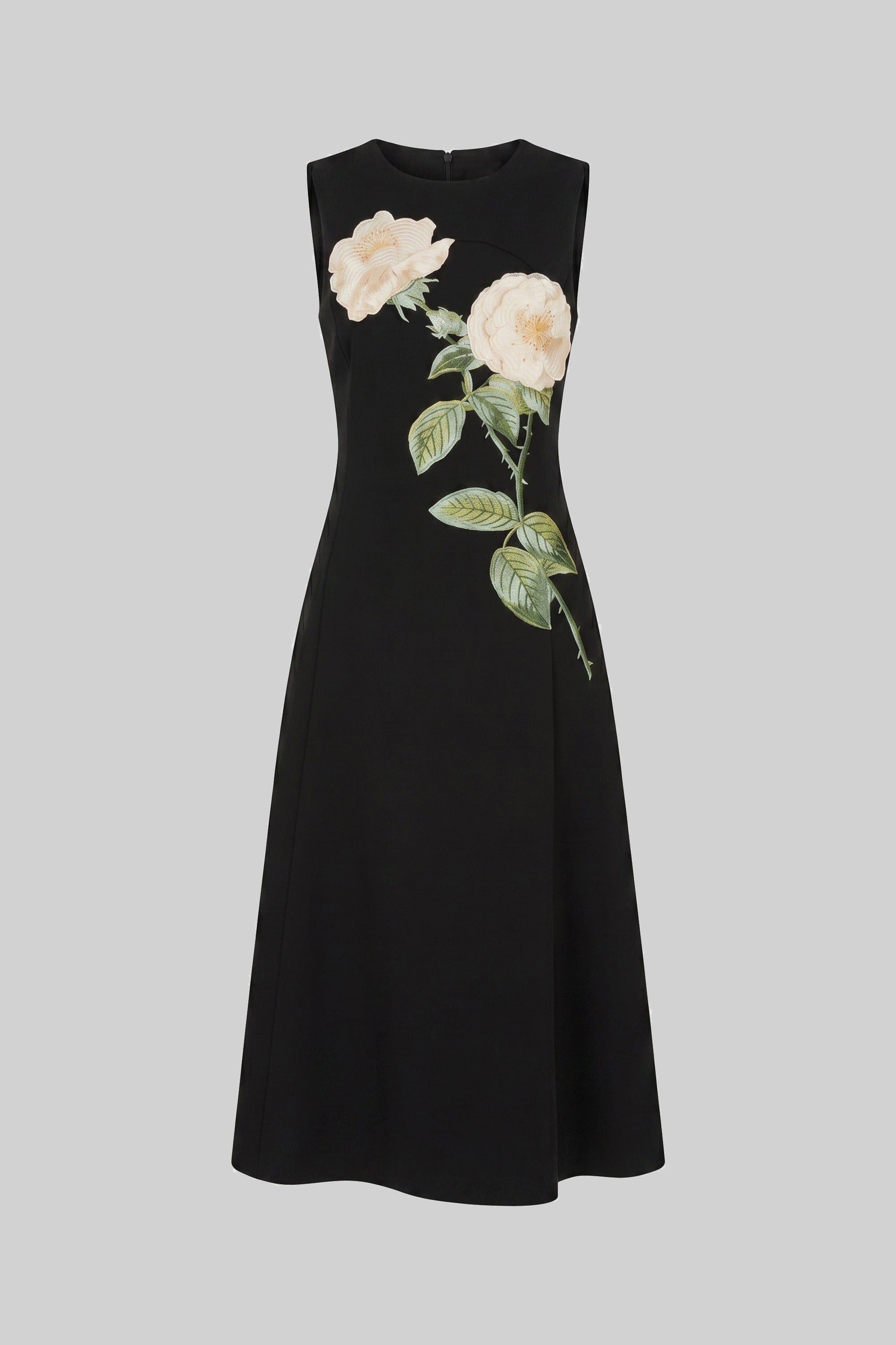 Ärmelloses Midi-Kleid mit 3D-Blütenapplikation und vollem Rock - Schwarz