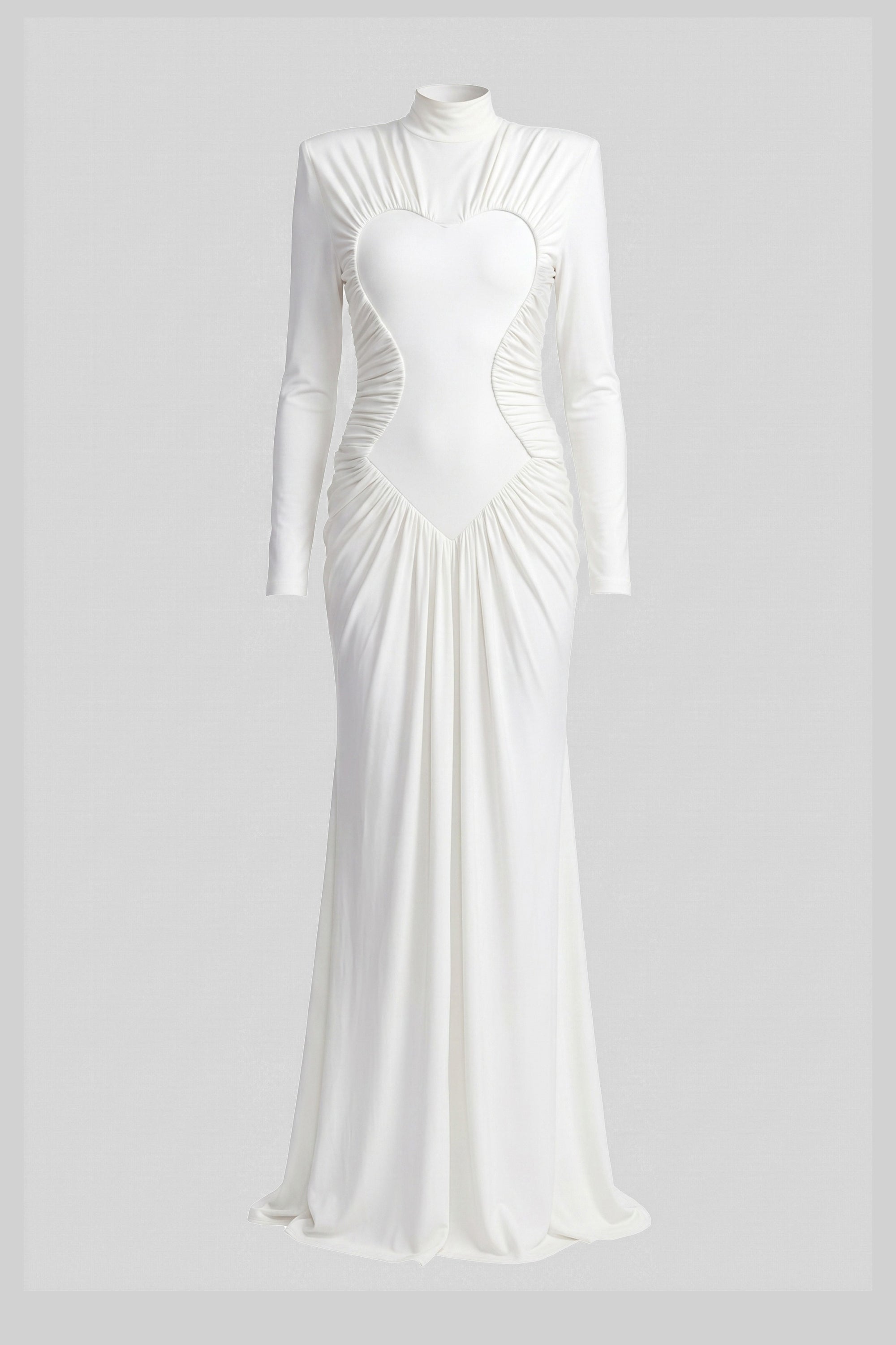 Hochgeschlossenes, langärmliges Mermaid-Abendkleid mit Raffungen und diagonaler Drapierung - Weiß