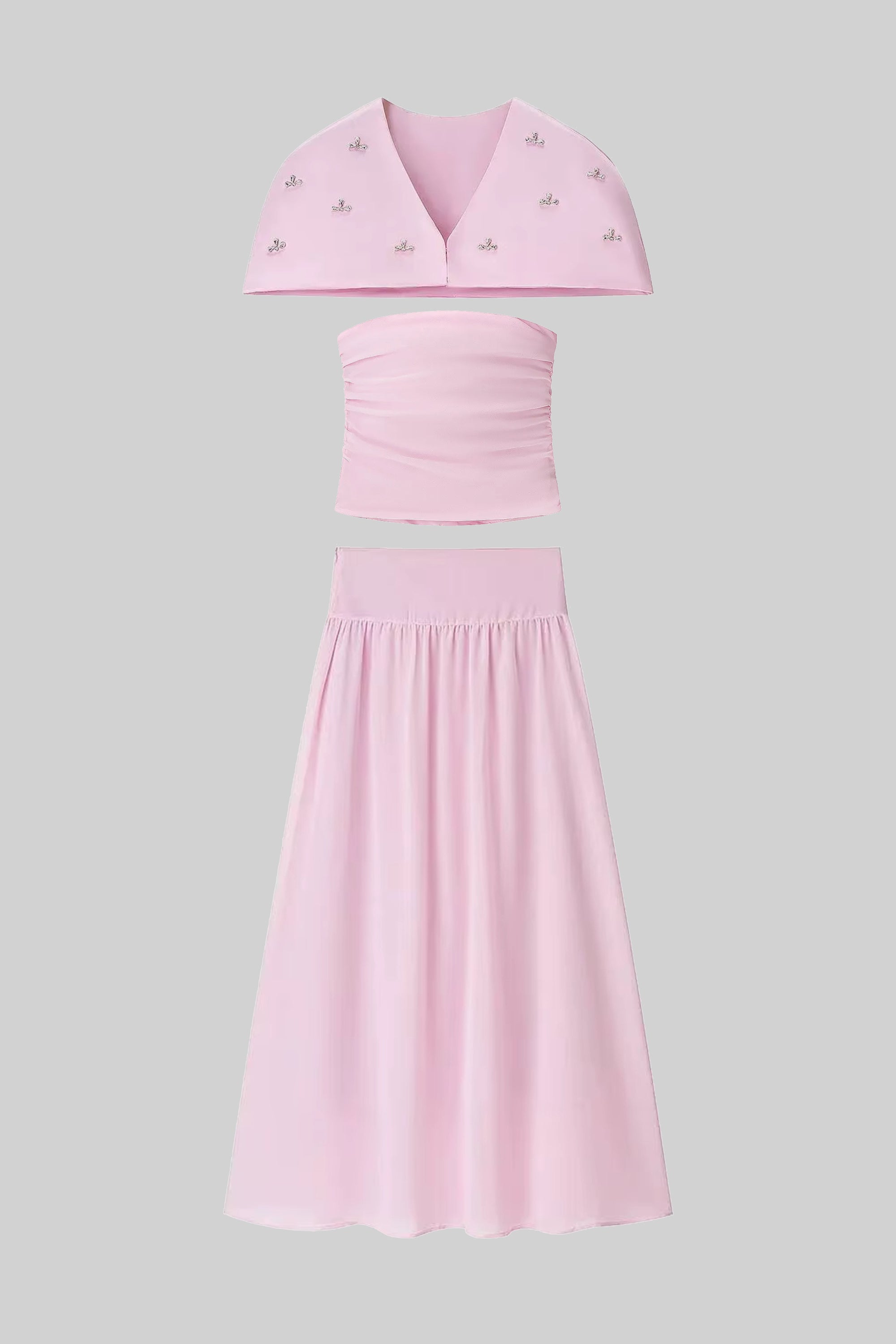 3-teiliges Co-Ord-Set mit gerafftem Top, abnehmbarem Cape und Maxi-Rock - Pink