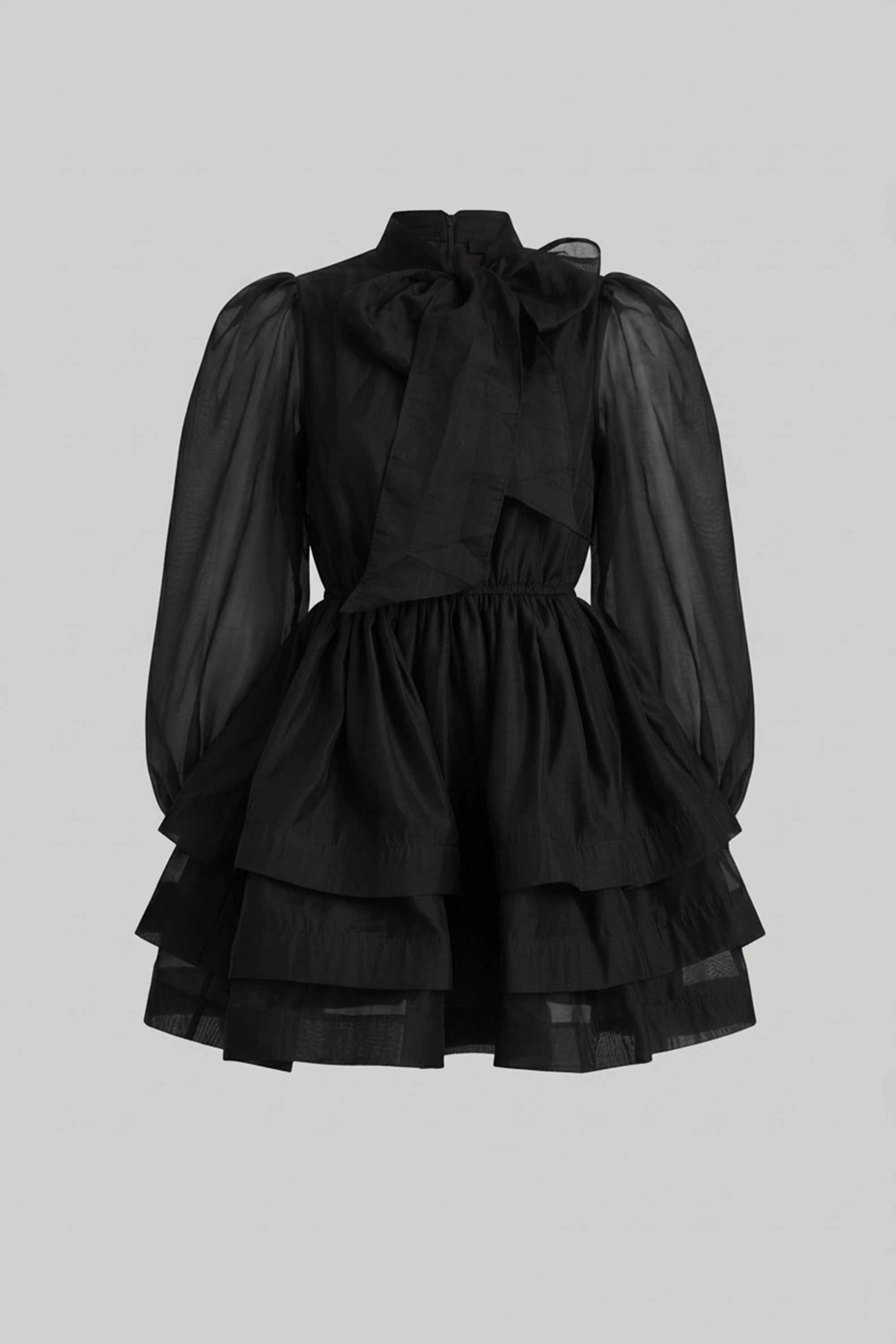 High-Neck-Minikleid mit Puffärmeln, gestuftem Rüschrock und Schleife - Schwarz