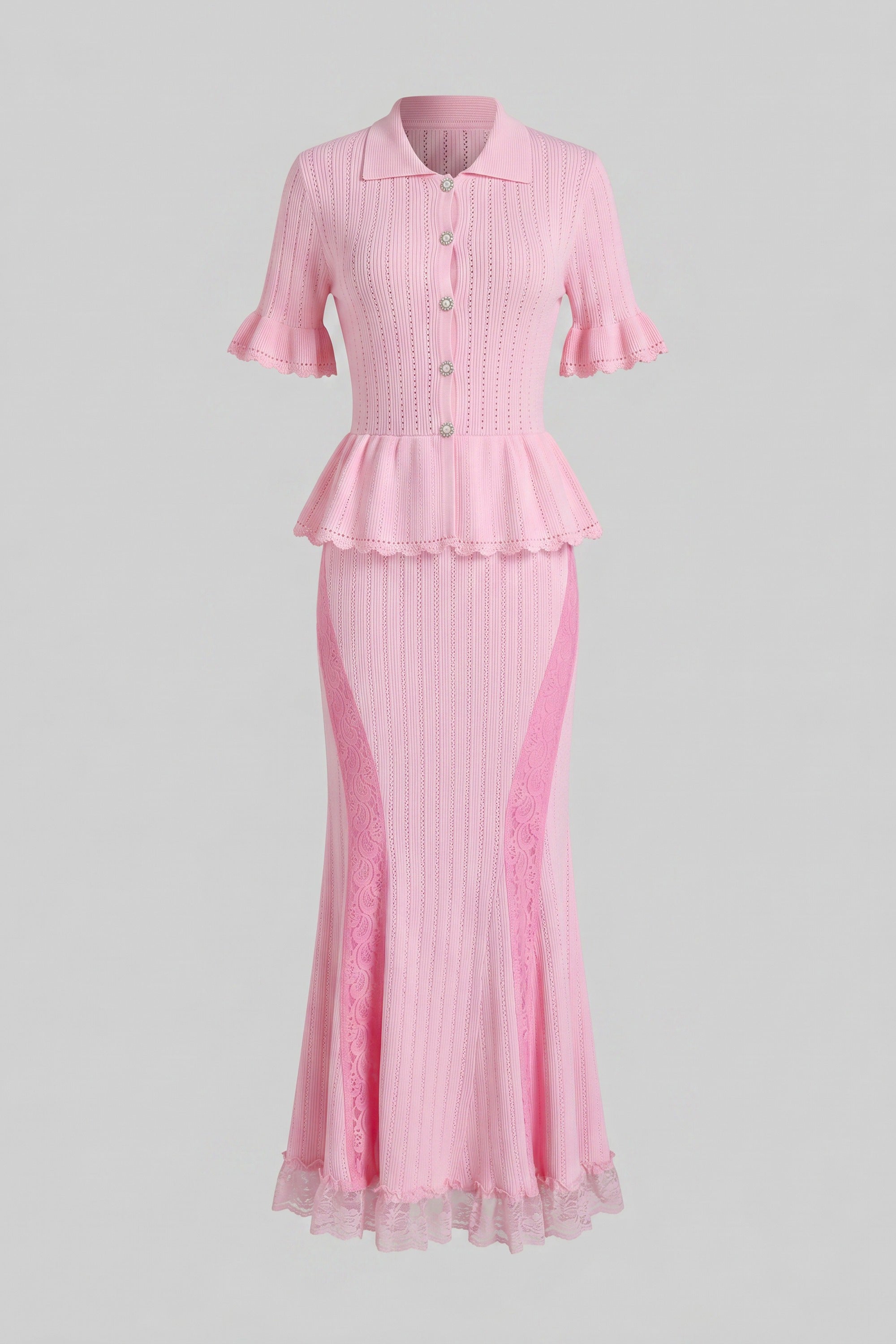 Strick-Maxikleid mit Peter-Pan-Kragen und Peplum mit Spitzensaum - Pink